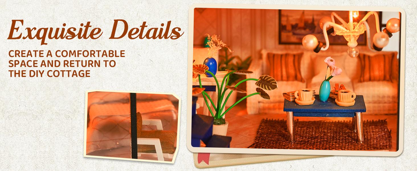 Spilay Laser Cut DIY Wooden Miniature Dollhouse Kit for Adults, Crafting Handcraft Mini-Architecture Building Block Toy with Warm Light, Music Box, Detailed Furniture & Bookshelf Decor Gift Option