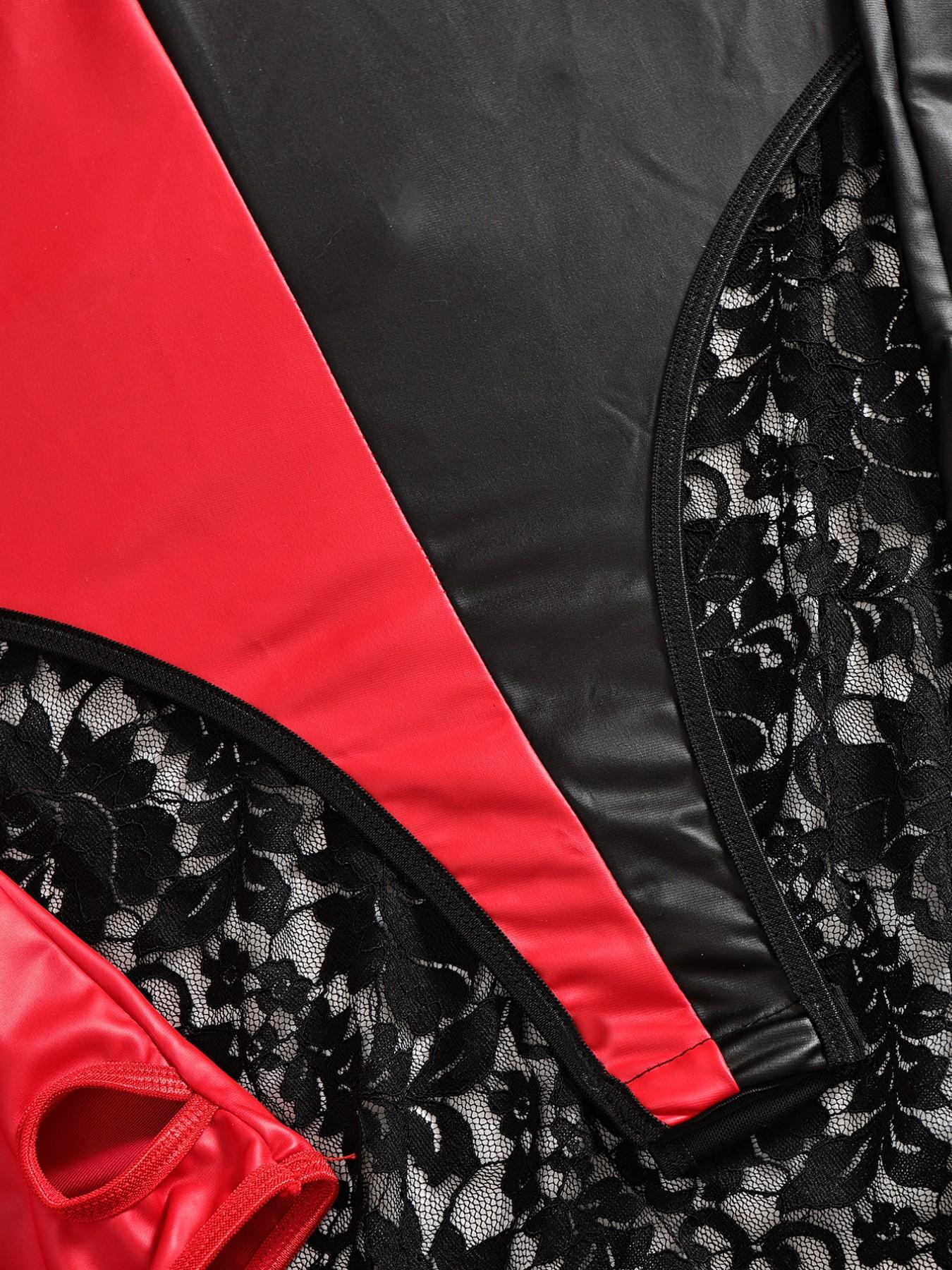 Halloween Devil 3-Piece Set Lingerie, PU Leather Bodysuit with Gloves and Horn Headband, Sexy Slim-Fit Patchwork Cosplay Costume