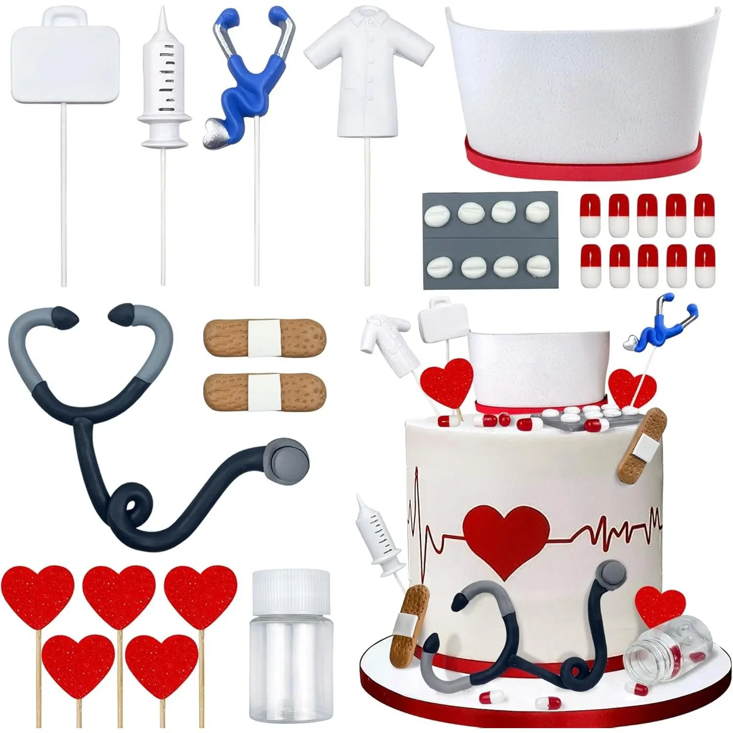 Plastic Nurse Graduation Cake Topper Set - Indoor Furniture Accent for Nurse Graduates, Nursing Party Decorations Gift
