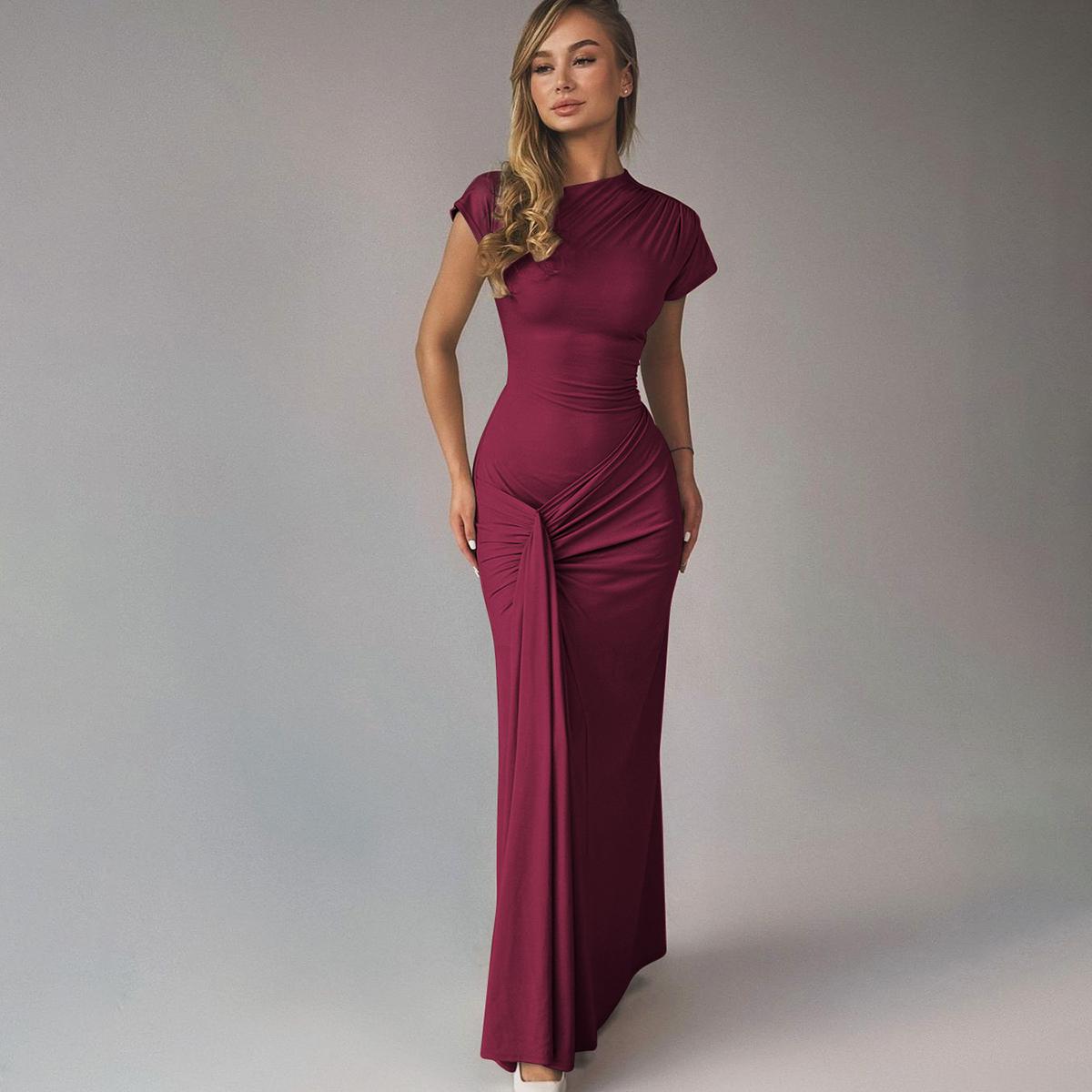 Solid Color Short Sleeve Bodycon Maxi Dress with Ribbon Women's 2025 Summer Fall New Casual Elegant Party Club Ruched Back Lace Up Bandage Patchwork Long Dresses Clothing Vacation Outfits