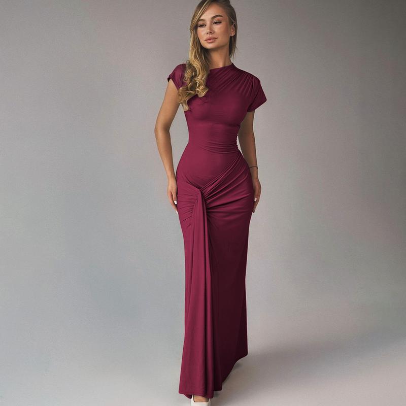 Solid Color Short Sleeve Bodycon Maxi Dress with Ribbon Women's 2025 Summer Fall New Casual Elegant Party Club Ruched Back Lace Up Bandage Patchwork Long Dresses Clothing Vacation Outfits