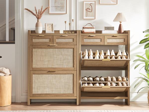 PieDle Furniture Boho-Chic Rattan Shoe Storage with Drawers for Home Entries