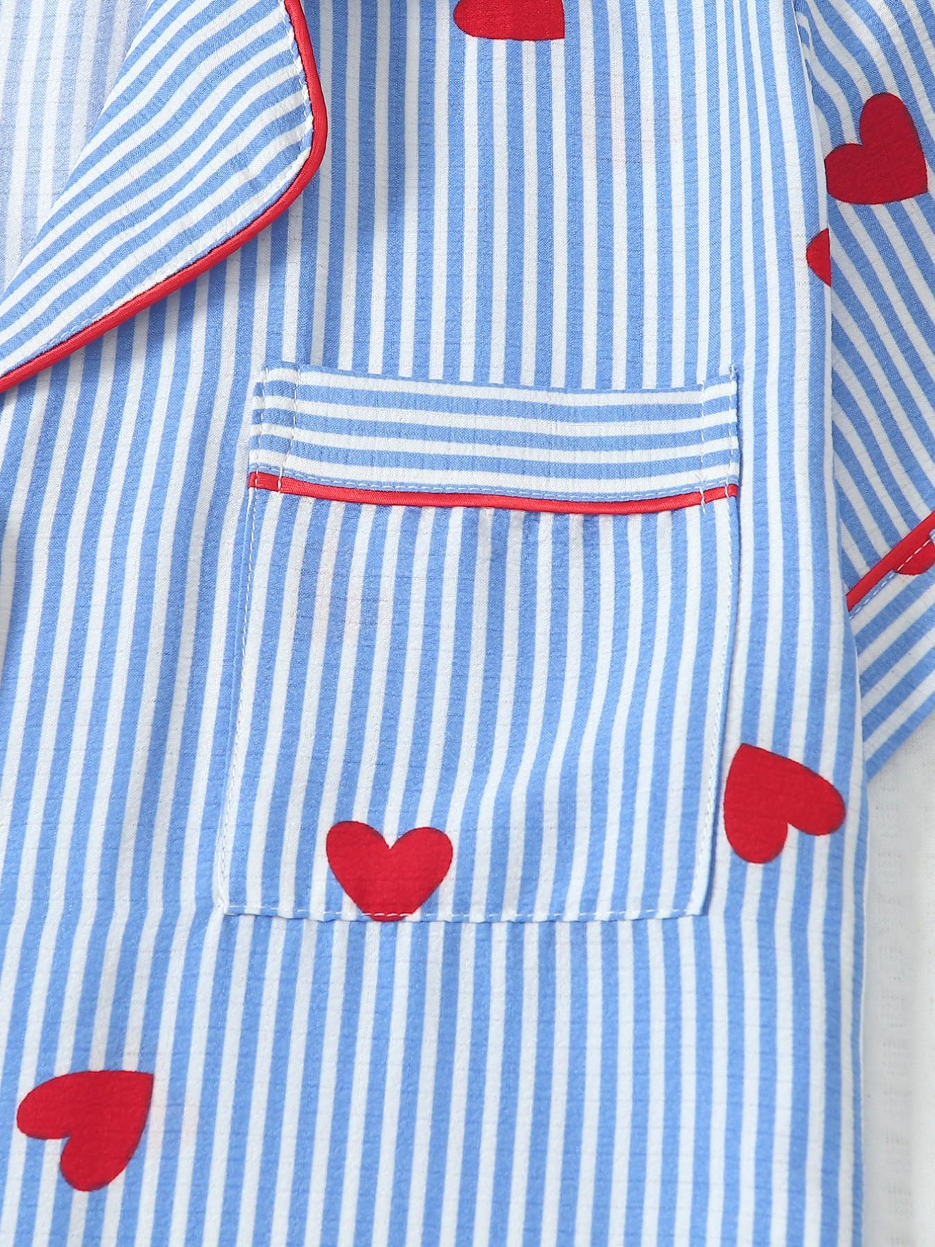 Heart Stripe Printed Women's Pajama Set, Feminine Cute Loungewear Nightwear, Sweet Collar Short Sleeve Top with Pocket, Bow Shorts, Casual Home Wear