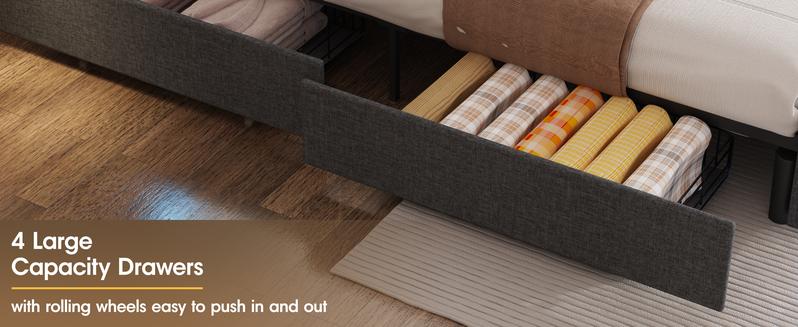 Vabches Bed Frame with Storage Headboard and 4 Drawers,Upholstered Platform with Charging Station and Led Lights,Adjustable Headboard,No Box Spring Needed,Dark Grey