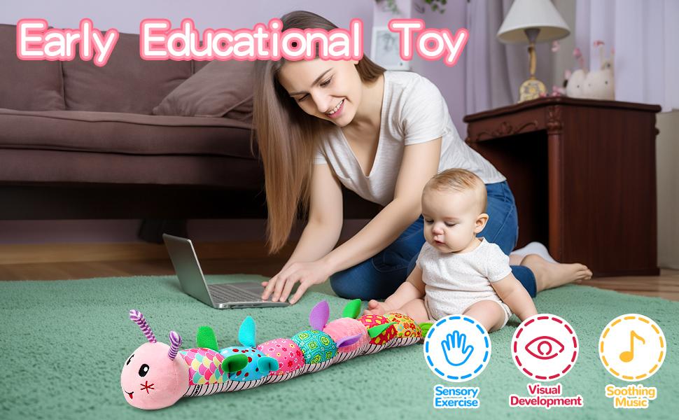 Dearlomum Newborn Baby Girl Gift Toys Infant Tummy Time Musical Stuffed Caterpillar with Crinkle Rattle Textures Purple White