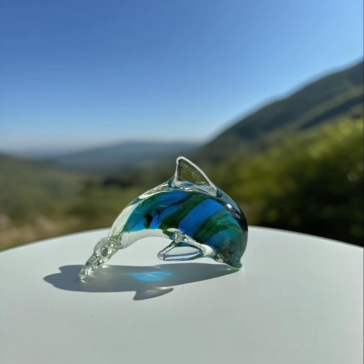 Handmade Blown Glass Dolphin Sculpture, Blue Gradient Glass Art, Luxury Style Home Decor, Unique Art Gift