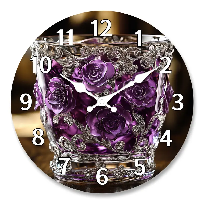 Silent, Non-Ticking Floral Wall Clock - Purple Rose Design with Faux Glass, Modern Home Decor for Living Room, Bedroom, Office - Housewarming or Wedding Gift for Flower Lovers (AA Batteries Not Included), Creative Decorative Clock