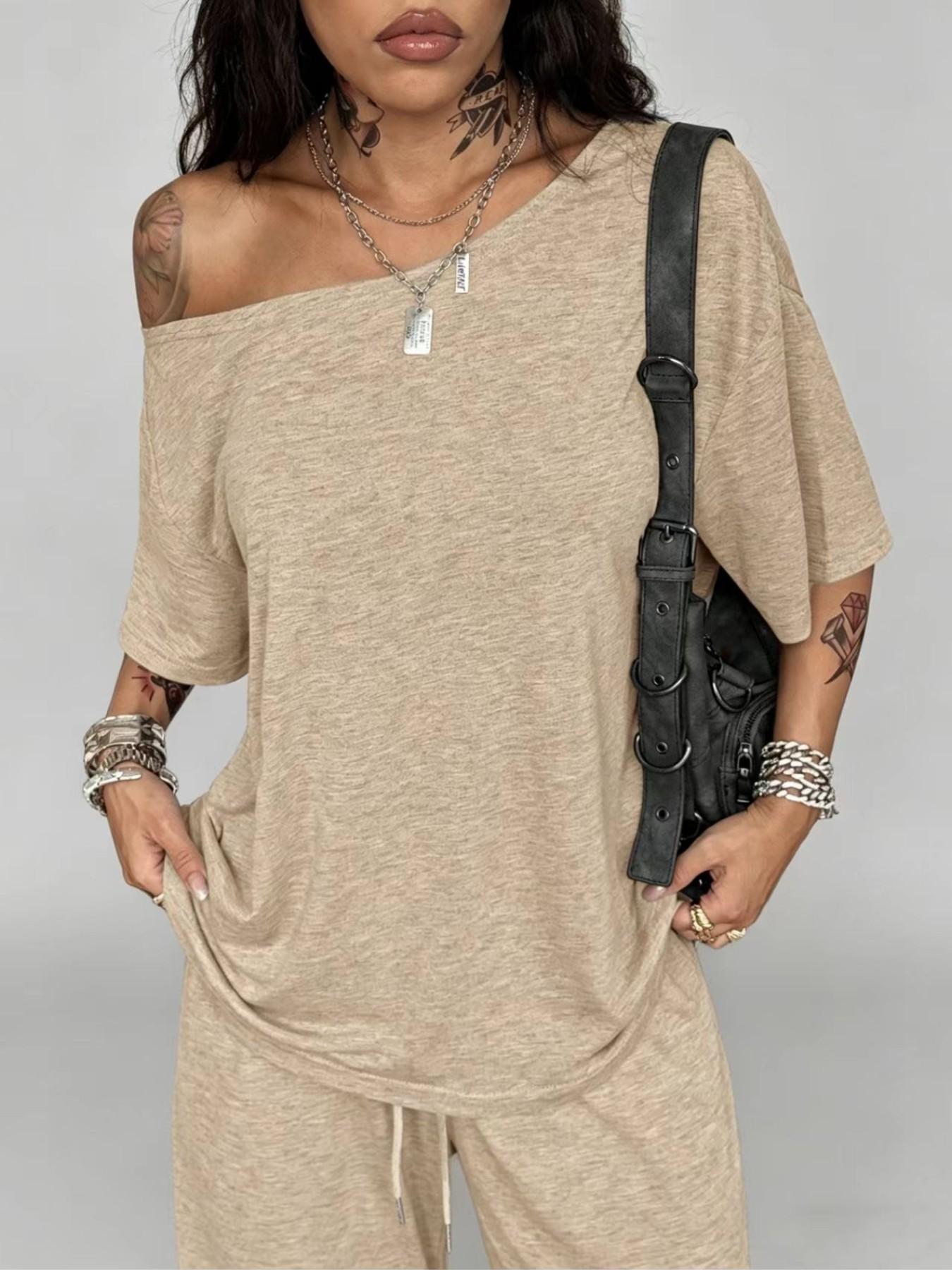 Women's Casual Solid Color Sport Two-Piece Set, Sweatsuit Loose Long Pants & Wide Leg Slant Neck Pant Suit, Spring & Fall Fashion