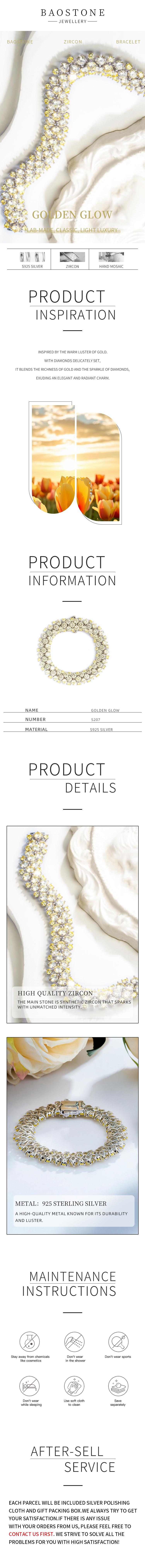 BAOSTONE Lab Created Artificial Gemstone 925 Silver Bracelet-GONDEN GLOW-#S207