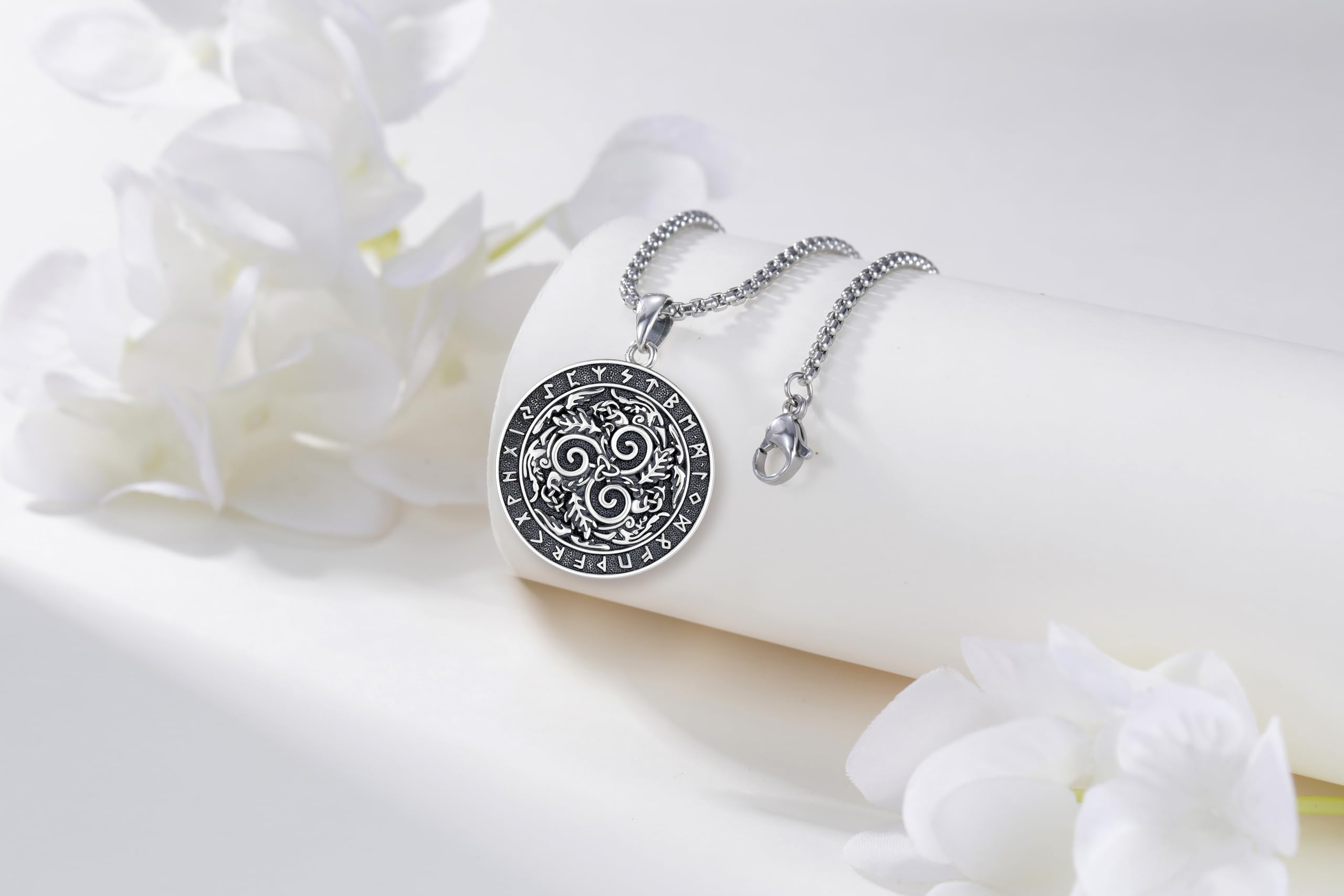 Thanches 925 Sterling Silver Triskelion Necklace Norse Protective Triple Amulet with Runic Circle Religious Symbolizing Strength Perfect Jewelry Gift for Men Women