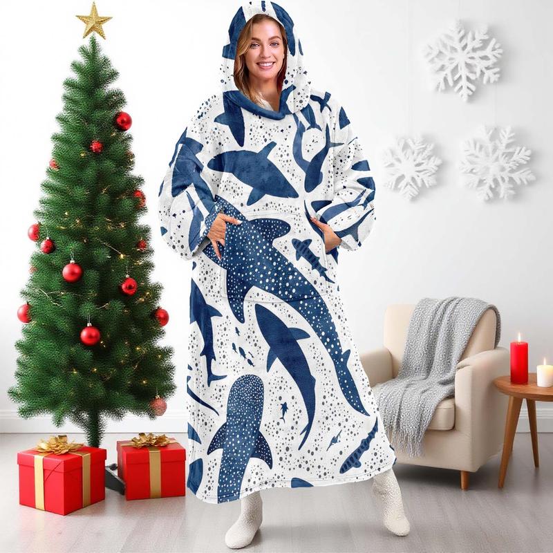 hoodie blanket，Wearable Blanket、Cute Cartoon Shark Hooded Blanket, Wearable Plush Throw, Soft Warm Flannel, Sofa Cover, Home Leisure, Air Conditioning, Camping Travel Gift、Christmas Gift,Valentine's Day gift