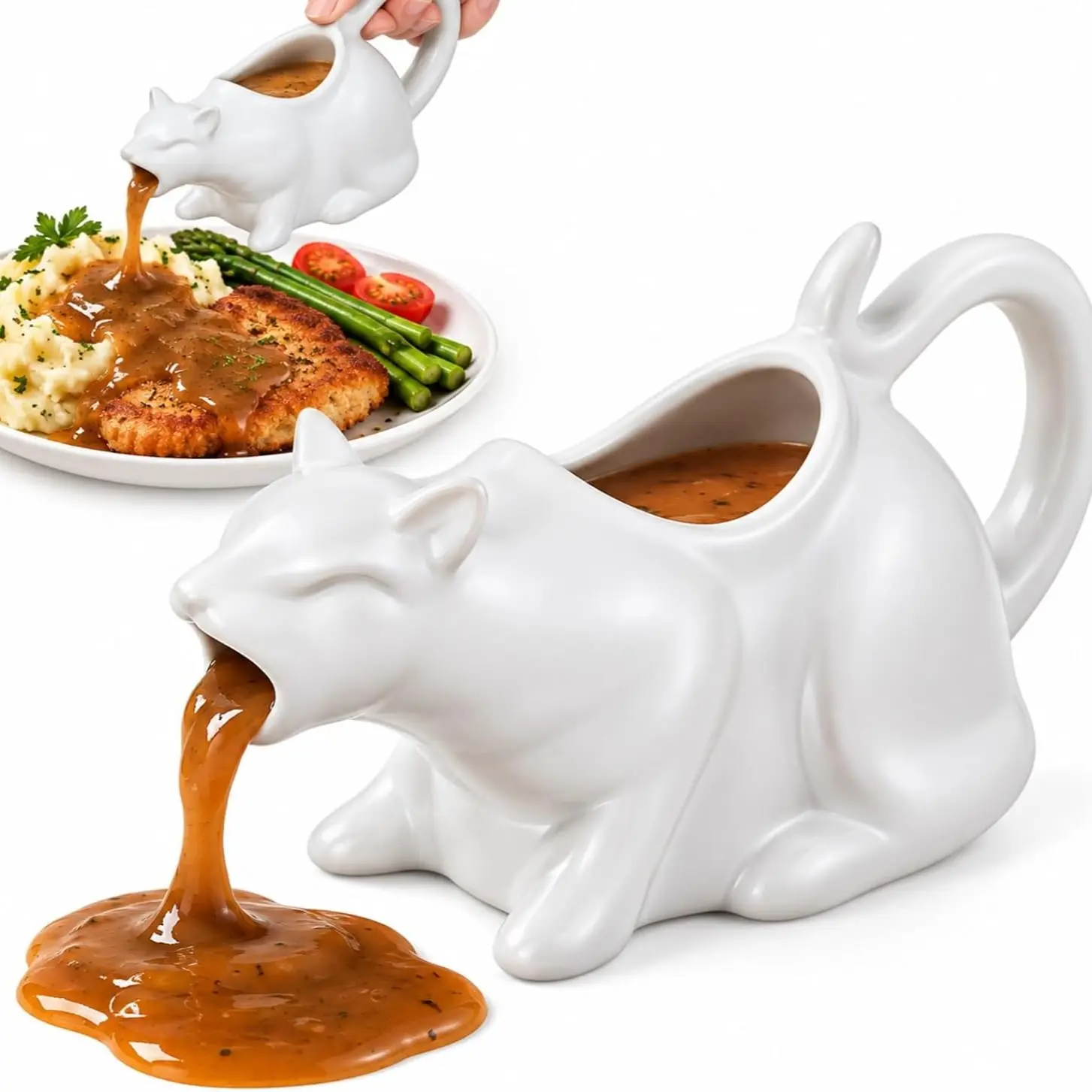 Ceramic Gravy Boat, 8oz Cat Sauce Jug with Smooth Handle, Perfect for Serving Jars of Salad Dressing, Broth, Cream, Milk for Thanksgiving, Halloween, Christmas, Novelty Cat Gift for Animal Lovers, Unique Artwork for Your Kitchen, Kitchenware