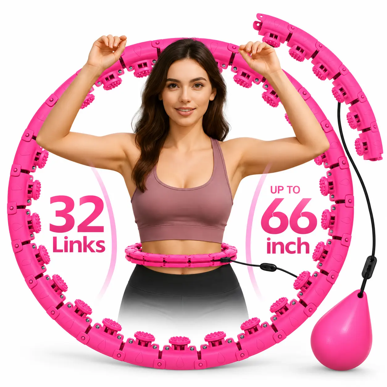 32-Link Pink Weighted Hula Hoop, Unisex Adjustable & Detachable Design, Fits Waists up to 66 in, Upgraded Cushioning Pads & Weight Ball for Home Gym