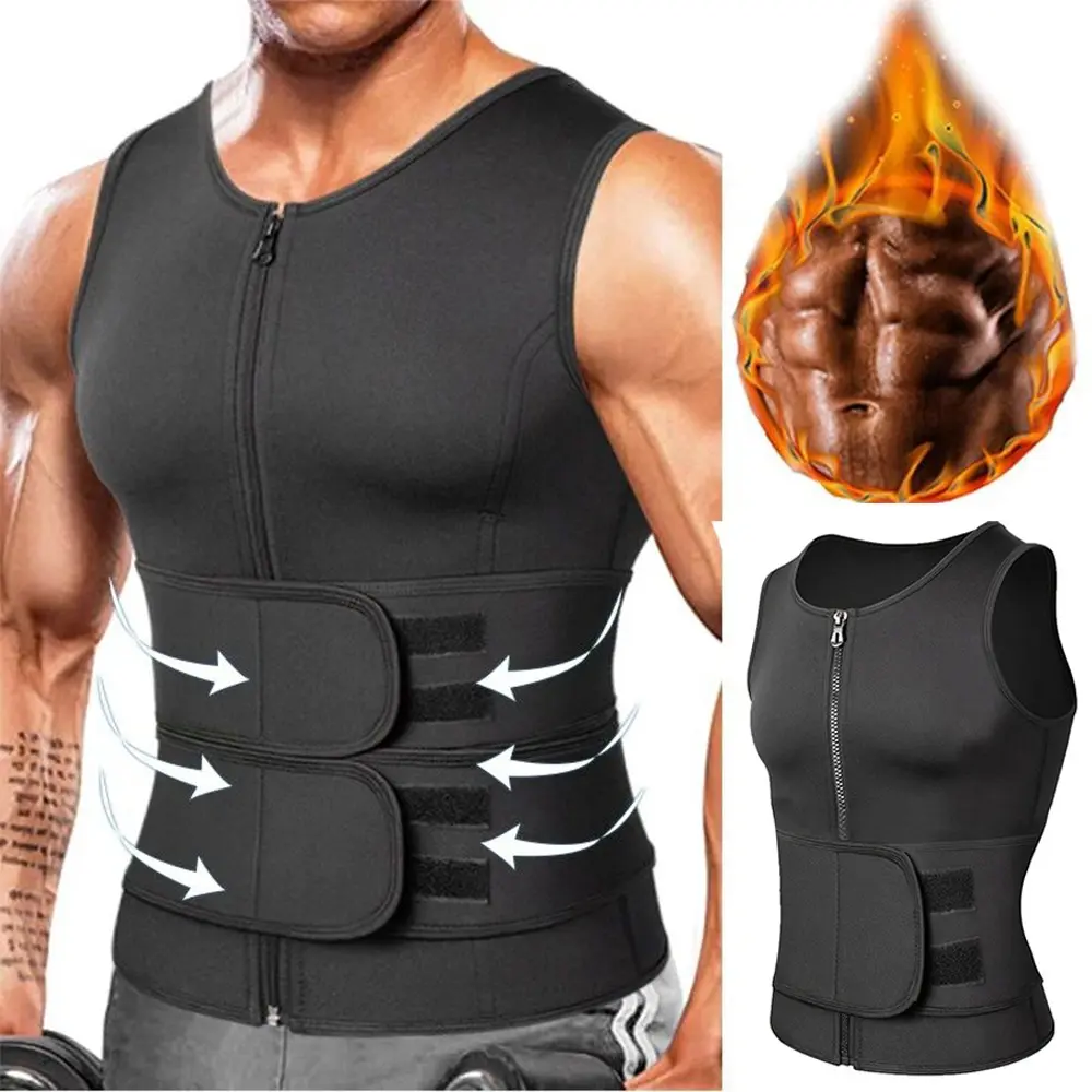 Men Zipper Compression Tank Top Vest Waist Trainer Double Sweat Belt Body Shaper Gym Workout Tummy Control Underwear Shapewear