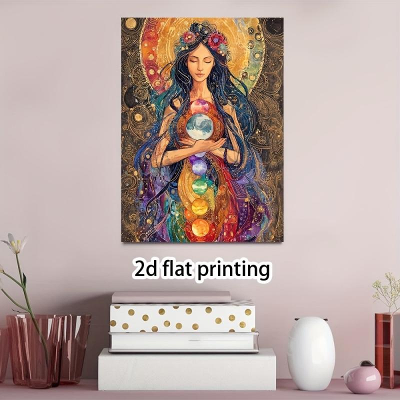 1pc Gaia Goddess Wall Art - Bohemian Celestial Earth Goddess Painting with Deep Blue & Golden Tones, Wrapped Canvas Framed Print Suitable for Living Room, Bedroom, Office - Natural Soul Art, 2D Flat Goddess Art Print, Perfect Room Decoration