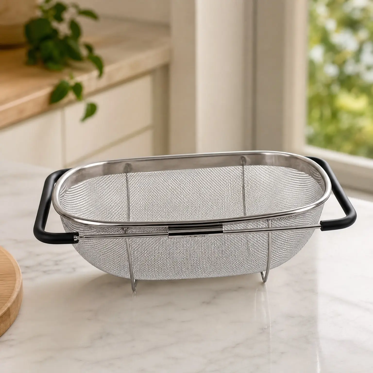 6-Quart Large Over The Sink Colander, Heavy Duty 40% Thicker 18/8 Stainless Steel Fine Mesh Strainer Basket with Expandable Rubber Grip Handles - Strain, Drain, Rinse Fruits, Vegetables