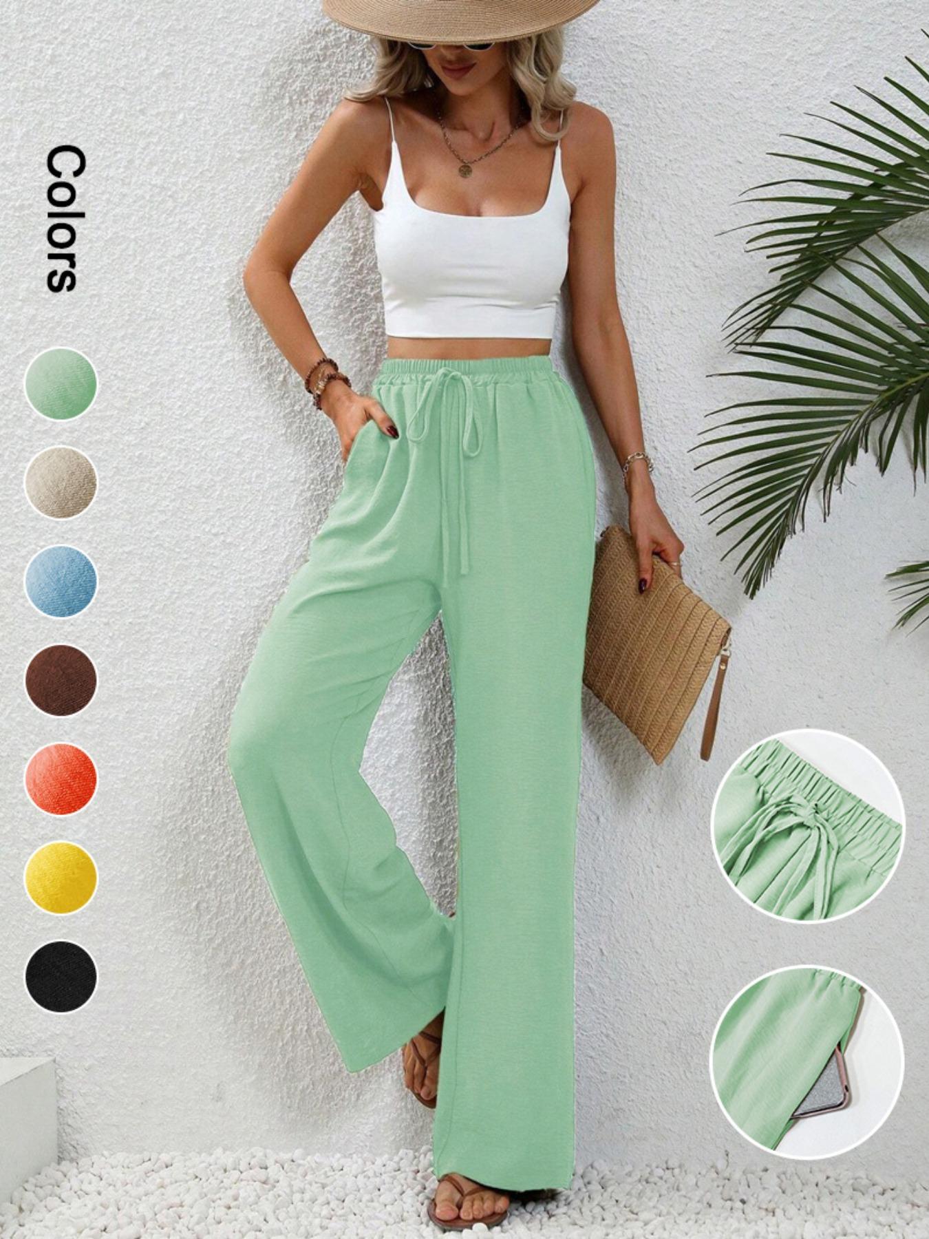 Women's Plain Pocket Tie Front Adjustable Elastic Waist Straight Leg Pants, Casual High Waist Wide Leg Trousers for Daily Wear, Ladies Bottoms for All Seasons, Baggy Pants