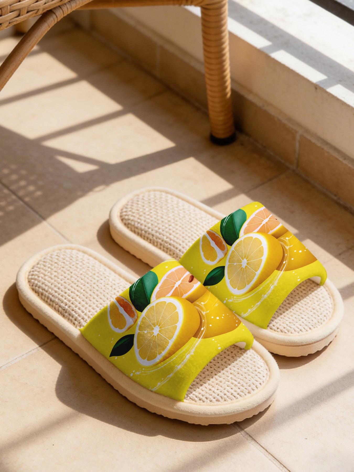 Women's Home Slippers, Lemon Print, Soft Eva Sole, Non-Slip Quiet, All-Season Casual Footwear, Textile Upper, Flower Design