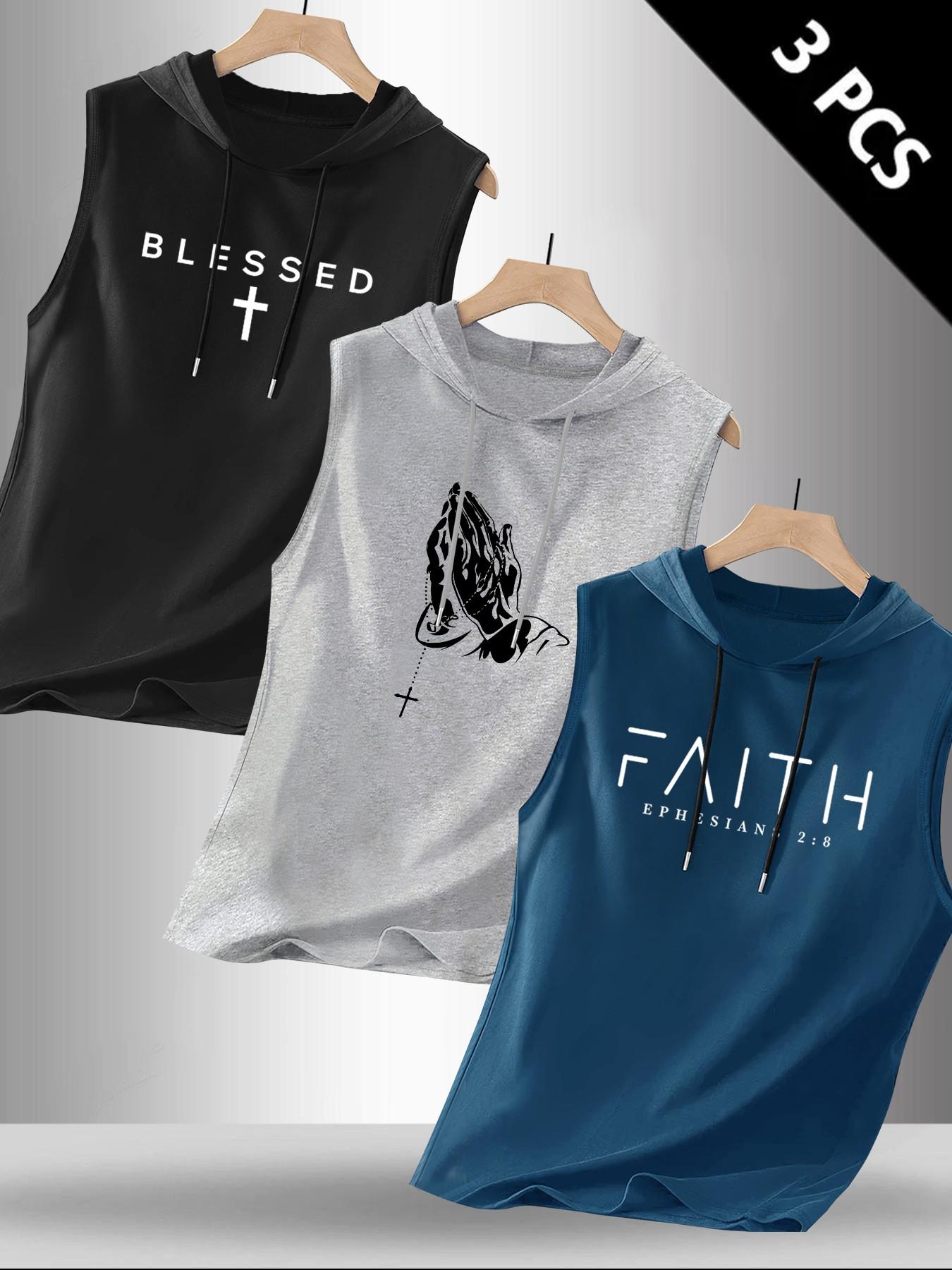 Men's 3-Pack Christian Faith Sleeveless Hooded Tank Tops, Blessed Cross Praying Hands Print Workout Vests, Religious Streetwear #ChristianApparel #FaithWear #MensGymWear #SleevelessHoodie #TikTokMadeMeBuyIt