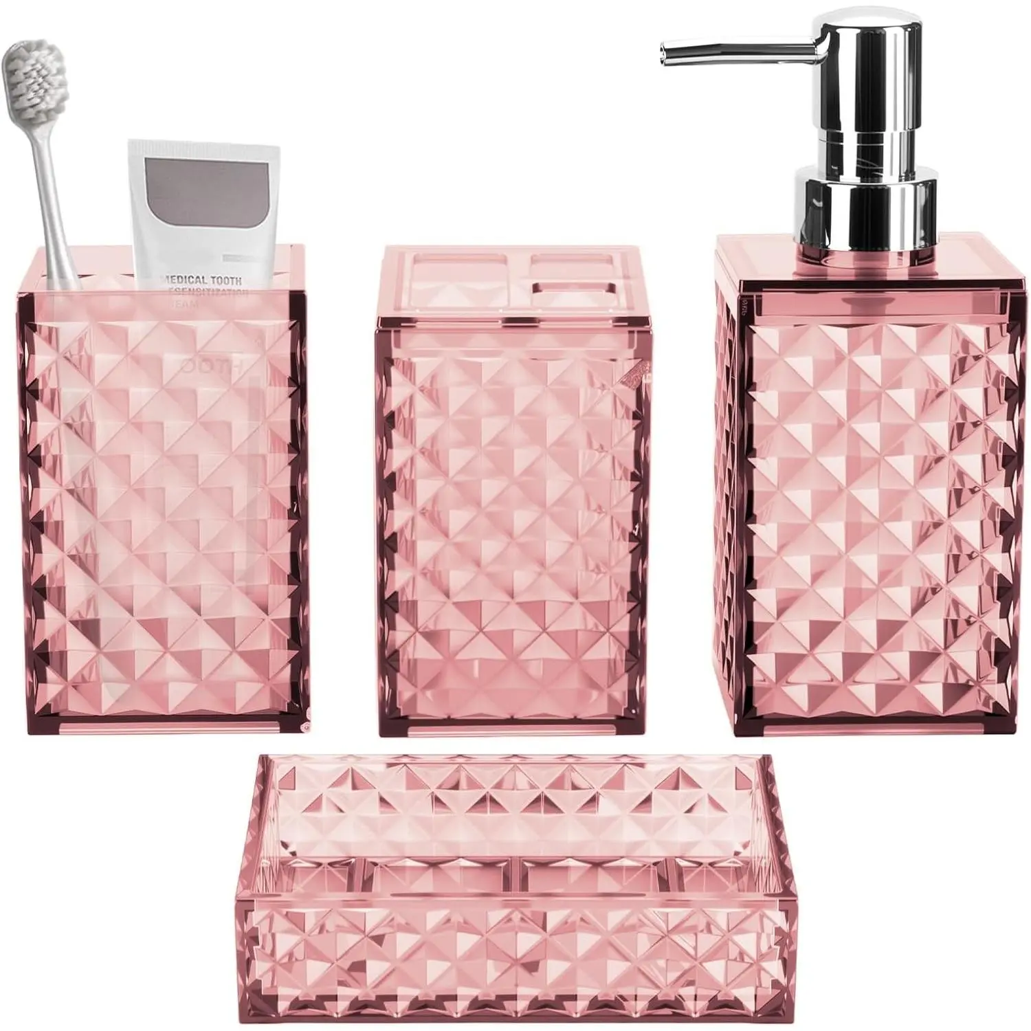 Bathroom Accessory Set, Grid Pattern 4 Pcs Plastic Bathroom Set, Pink | Include Soap Dispenser, Soap Dish, Toothbrush Holder, Mouthwash Cup, Modern Bathroom Decor Set