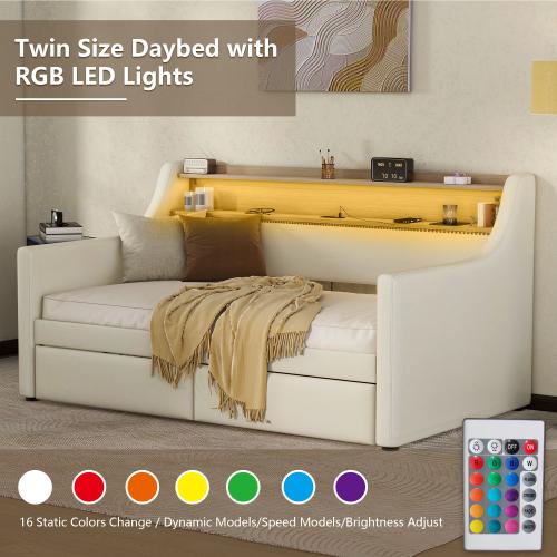 Bellemave Twin Size Daybed with Trundle Upholstered PU Leather Charging Station LED RGB Lights Stylish Storage Headboard Space Saving