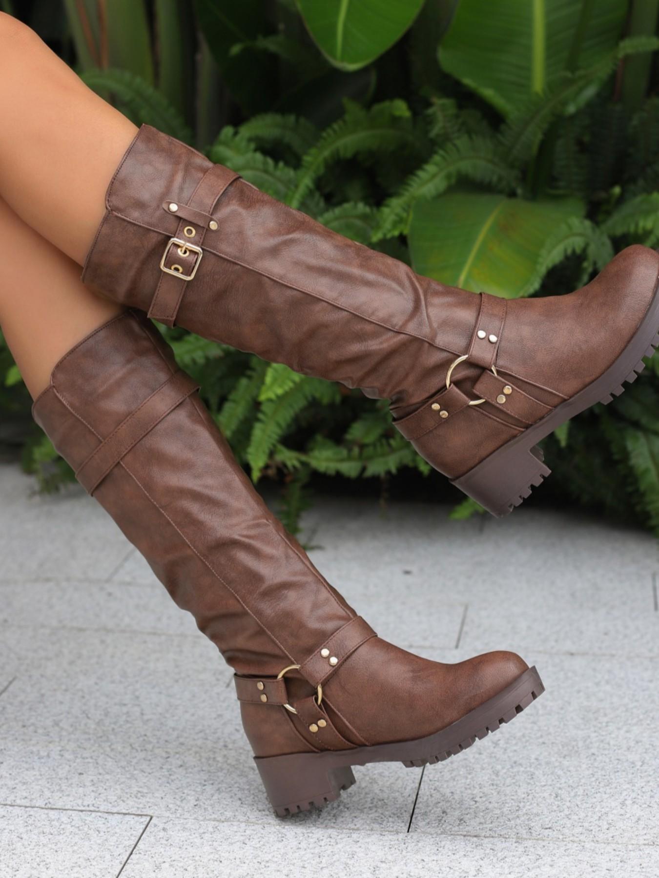 Autumn Winter New Round Toe Thick Heel Zipper Pleated Buckle Mid-Calf Thick Heeled Pu Leather Boots, Versatile British Style Outdoor Motorcycle Boots, Trendy Boots, Fashionable Boots
