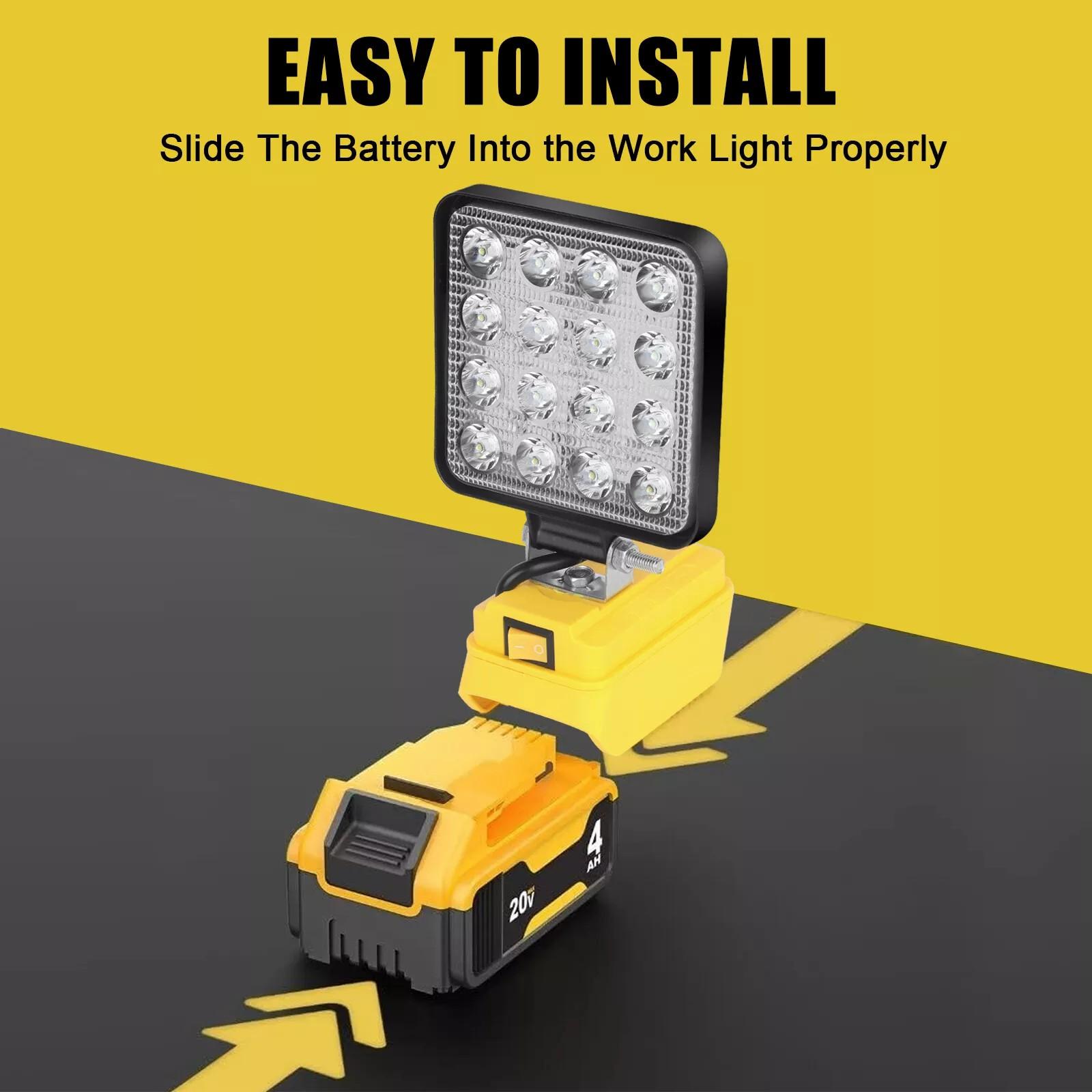 KUNLUN Cordless LED Work Light for De Walt 20V Battery, 4800LM Portable Flood Light with USB Charging, 140° Adjustable Head for Jobsite & Outdoor Use (Battery not included) Power ,Luminous Flux, Lamp Beads ,Diy Projects