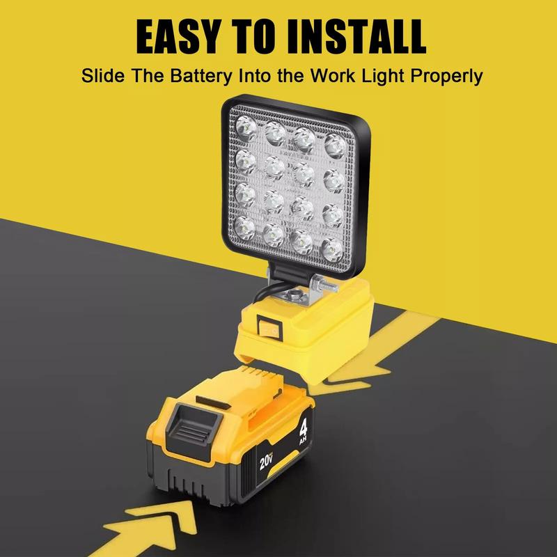 KUNLUN Cordless LED Work Light for De Walt 20V Battery, 4800LM Portable Flood Light with USB Charging, 140° Adjustable Head for Jobsite & Outdoor Use (Battery not included) Power ,Luminous Flux, Lamp Beads ,Diy Projects