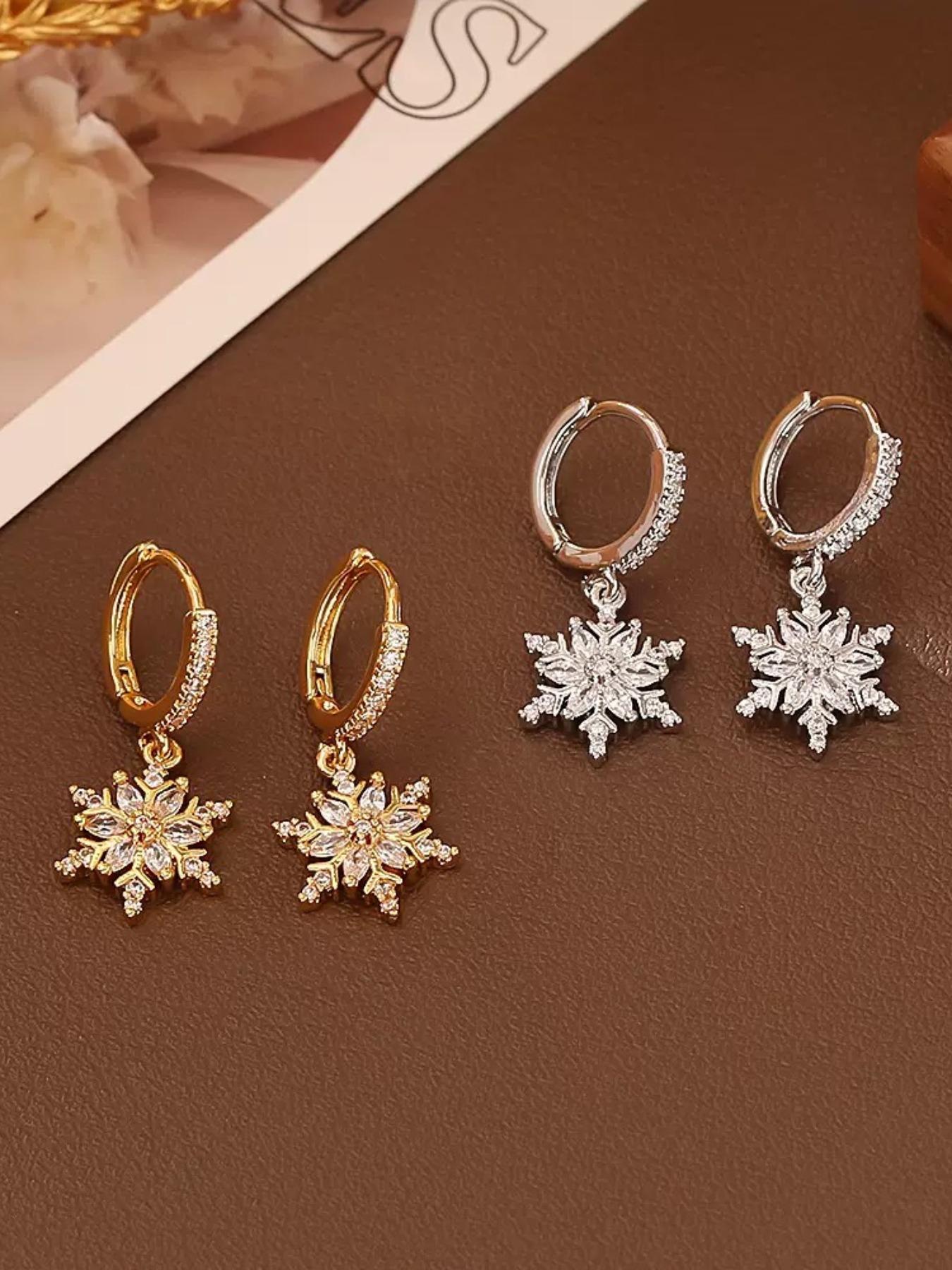 Elegant Rhinestone Snowflake Earrings, Luxurious Zircon Ear Studs, Plated, European and American Style Jewelry