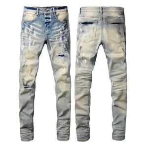 Men's High Clay Washed High Cotton Skinny Denim Jeans, Full Body White Paint Splash Multi Ripped Frayed Distressed Pants, Retro Grunge Streetwear Mid Rise Slim Stretch Vintage Faded Whisker Jean Trousers for Young Men Fashion Outfits