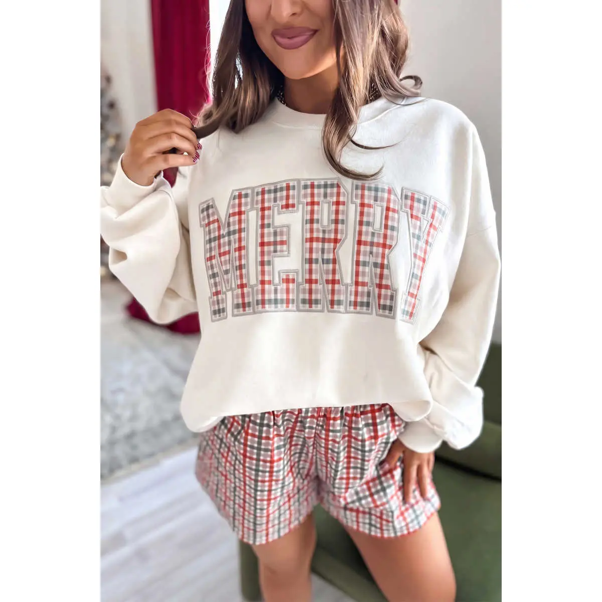 Multicolour Plaid MERRY Holiday Long Sleeve Top and Shorts Set
