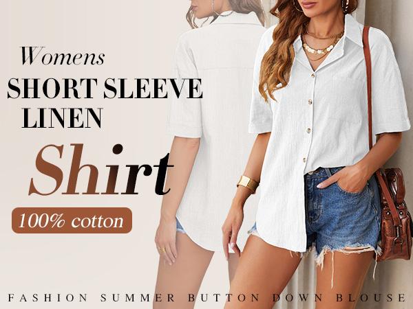 Linen Shirts for Women Cotton Button Down Short Sleeve Loose Fit Collared Casual Work Summer Blouse Tops Basic Lady Breathable Essential Fabric Fashion Formal Beach Cover