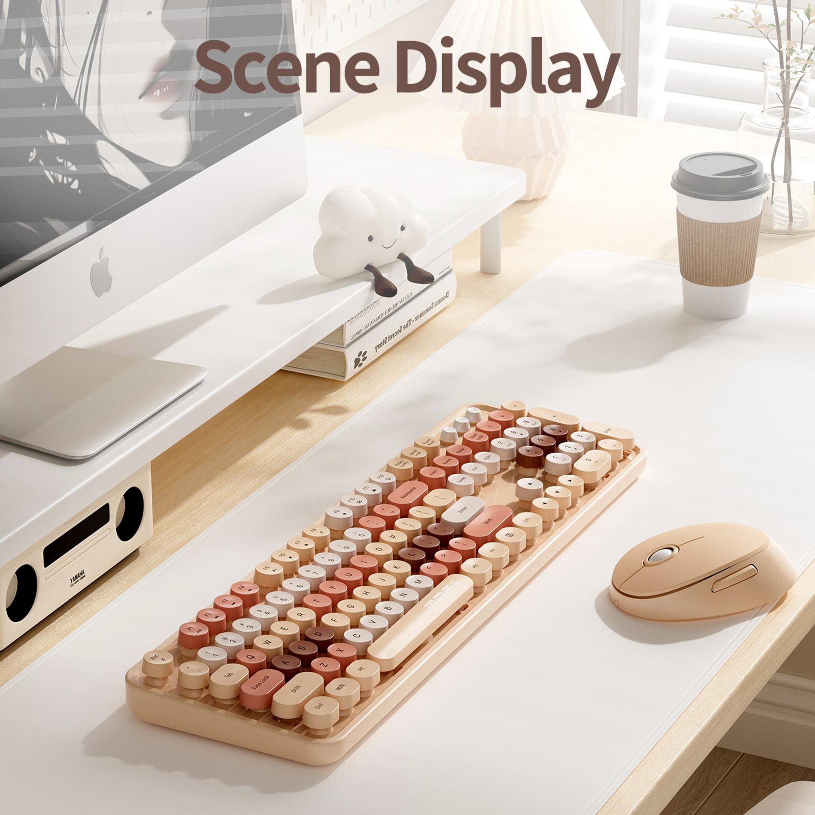 MOFii 1 Set Wireless Keyboard and Mouse Combo, Milk Tea Color Retro Round Keys, 2.4G Plug and Play Office Keyboard Mouse, Compatible with Laptop & Desktop, US Qwerty (Battery Not Included)