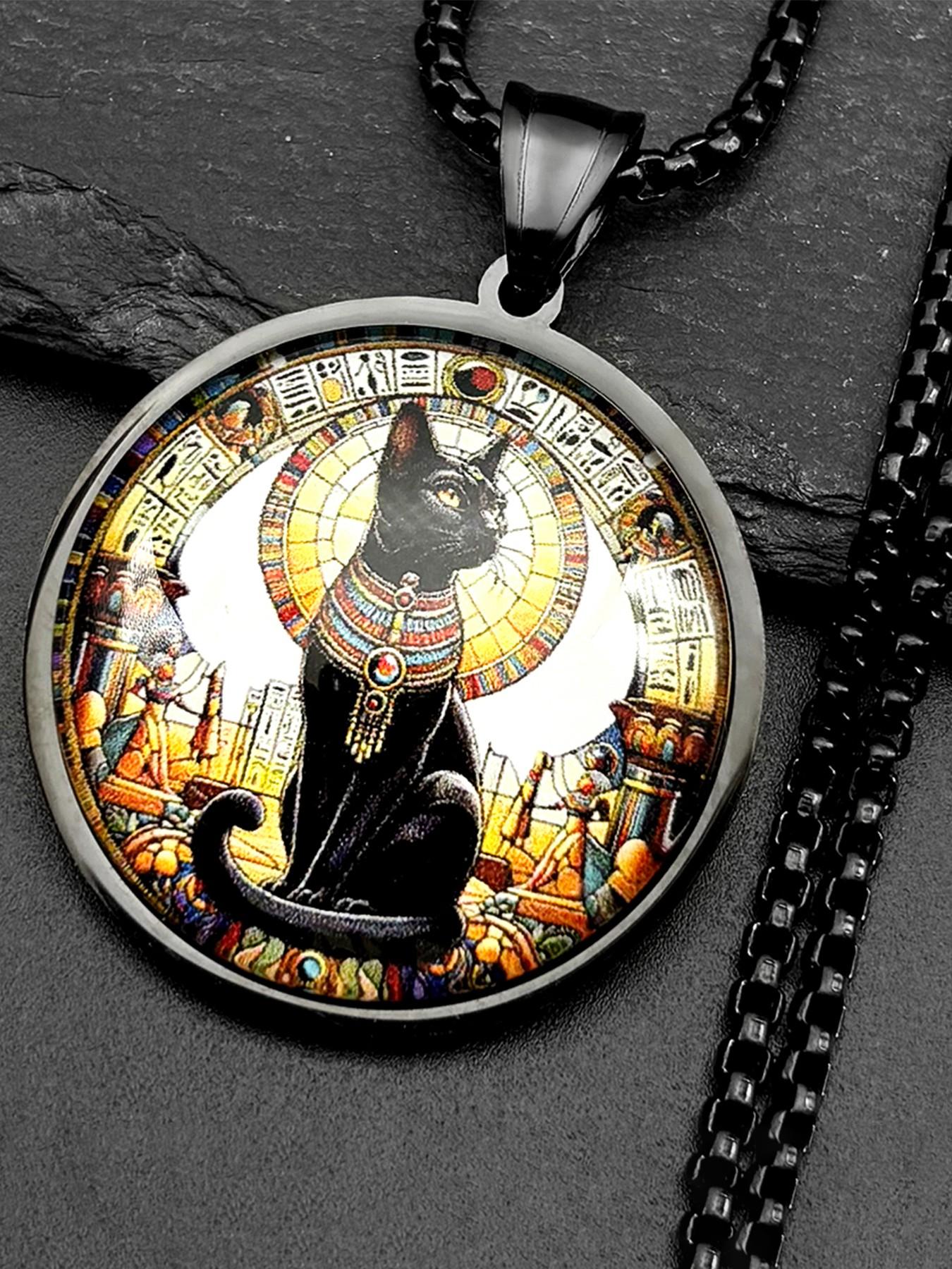 Vintage Black Egyptian Cat Goddess Bastet Glass Pendant Necklace Stainless Steel Gold Color Ancient Egypt Chain Amulet