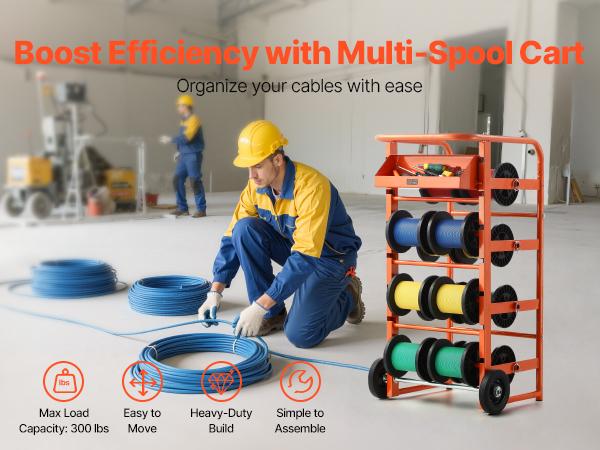 VEVOR Wire Spool Rack, 11 Rods, Multi-Spool Wire Rack Dispenser, Cable Caddy with Wheels, Cable Holder with Storage Tray for Wiring Storage, for Electrical, Industrial Retail Use, Working Efficiency