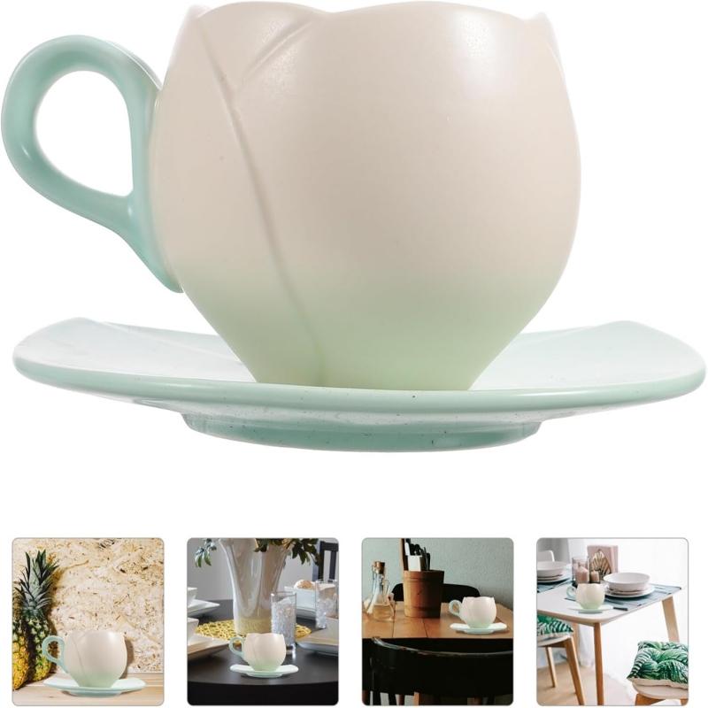 1 Count Ceramic Tulip Coffee Mug with Saucer Set, Shape Cup, Cute Mug Set, Latte Mugs for Tea Coffee Milk for Home Office Aesthetic 🌸Multi-use Cup and Saucer  Designer Coffee Mug ☕  🥐 🍰