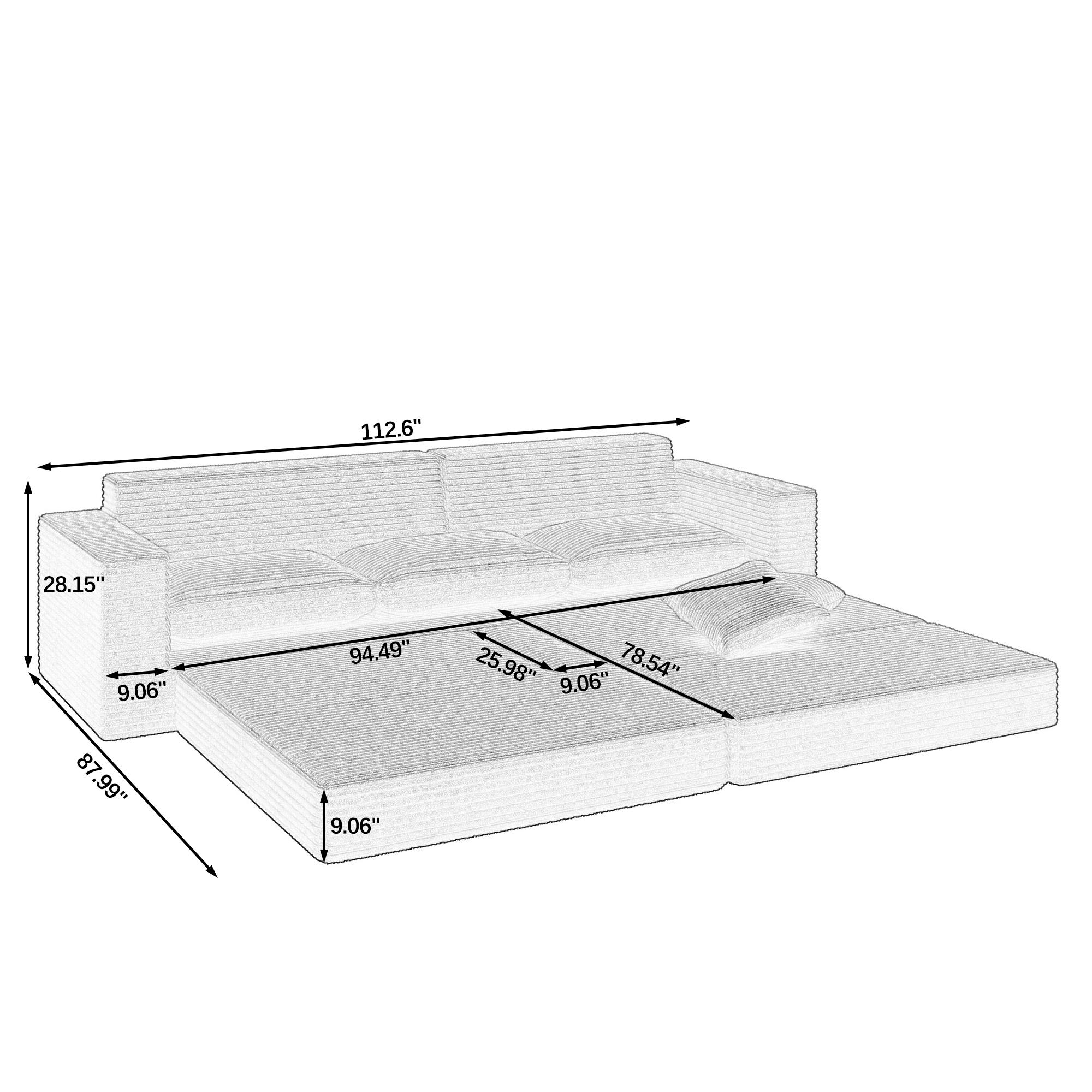 Niccae Right Seat L-Shaped Sectional Sofa,Compressed Corduroy,Modern Minimalist,Converts to Bed,Space-Efficient,sectional couch (2 Packages Shipping)