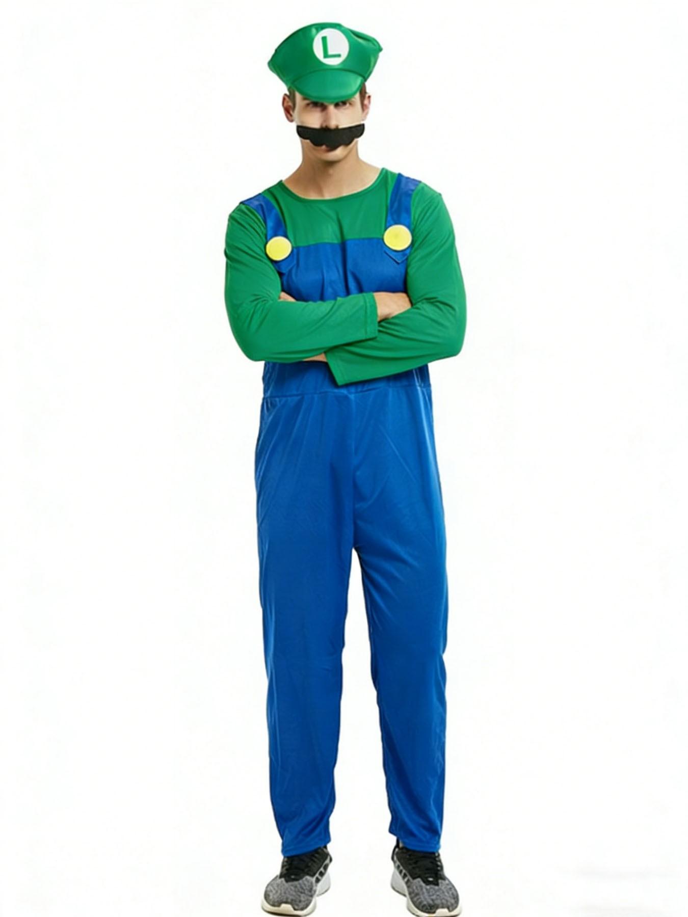 Adult Men's Luigi Game Brothers Dance Costume Set, Halloween Party Onesie Gift, Super Bros Role Play, Long Sleeve Fitted Cartoon Pattern