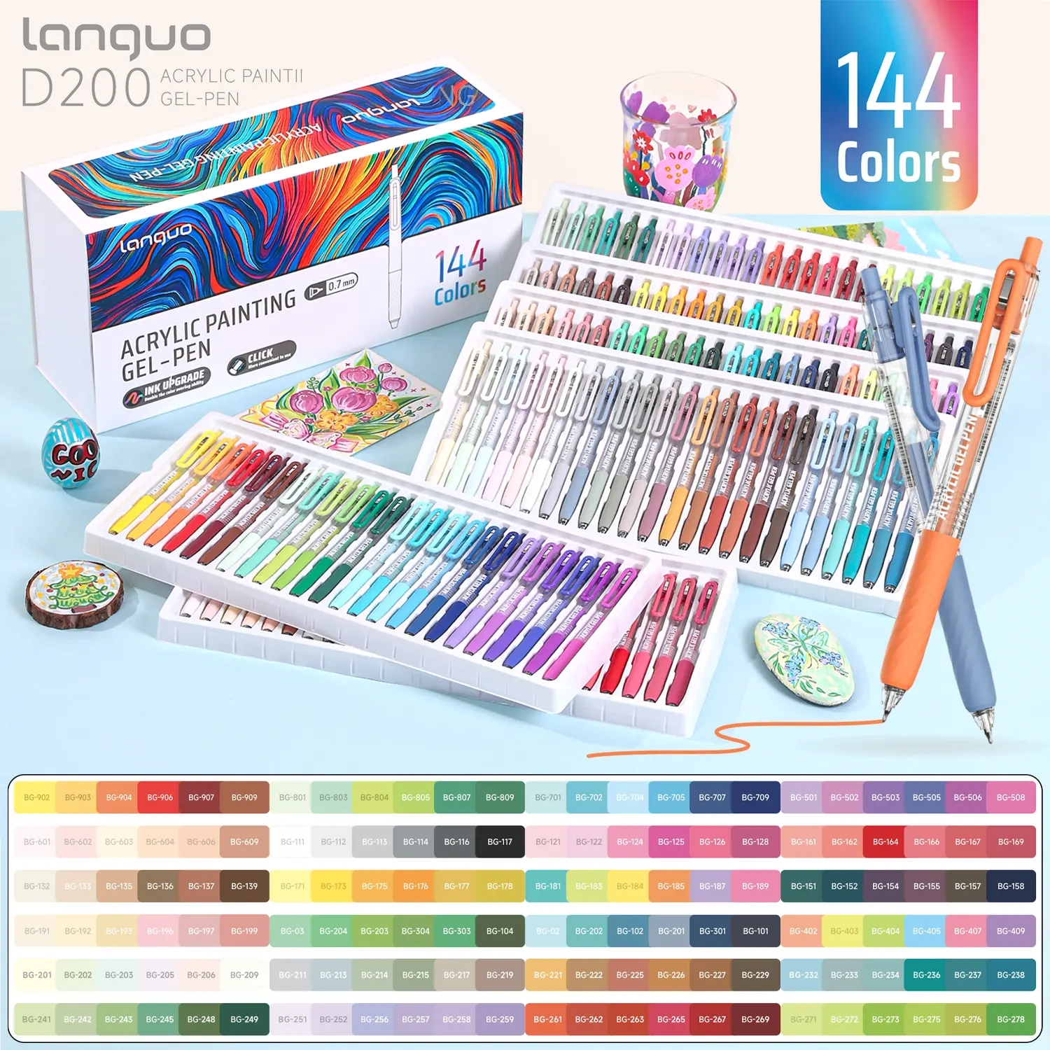 Languo 144 Color Gel Pen Set, Art Pens, 0.7mm Stainless Steel Tip, High Coverage Ink, Suitable for Stone, Ceramic, Glass, Wood, Canvas, Phone Case, DIY Art Supplies, Artist Supplies