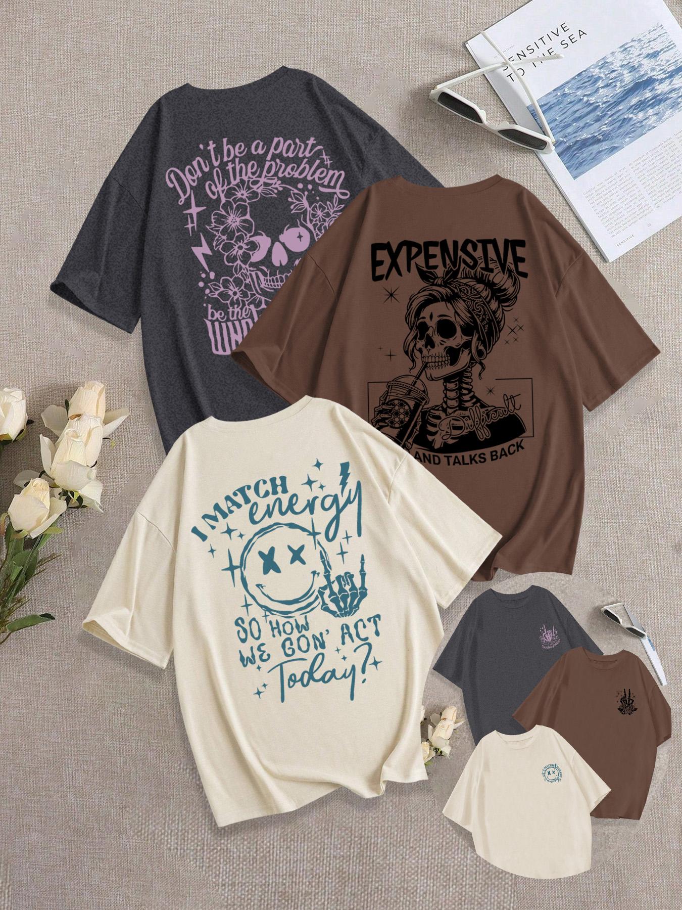 Breathable Soft Casual Streetwear Loose-Fit Round Neck Skull Girl Print Knit T-Shirt Set, Summer Fashion Comfortable Versatile Everyday Graphic Top, Pack of 3, Casual Everyday Tops