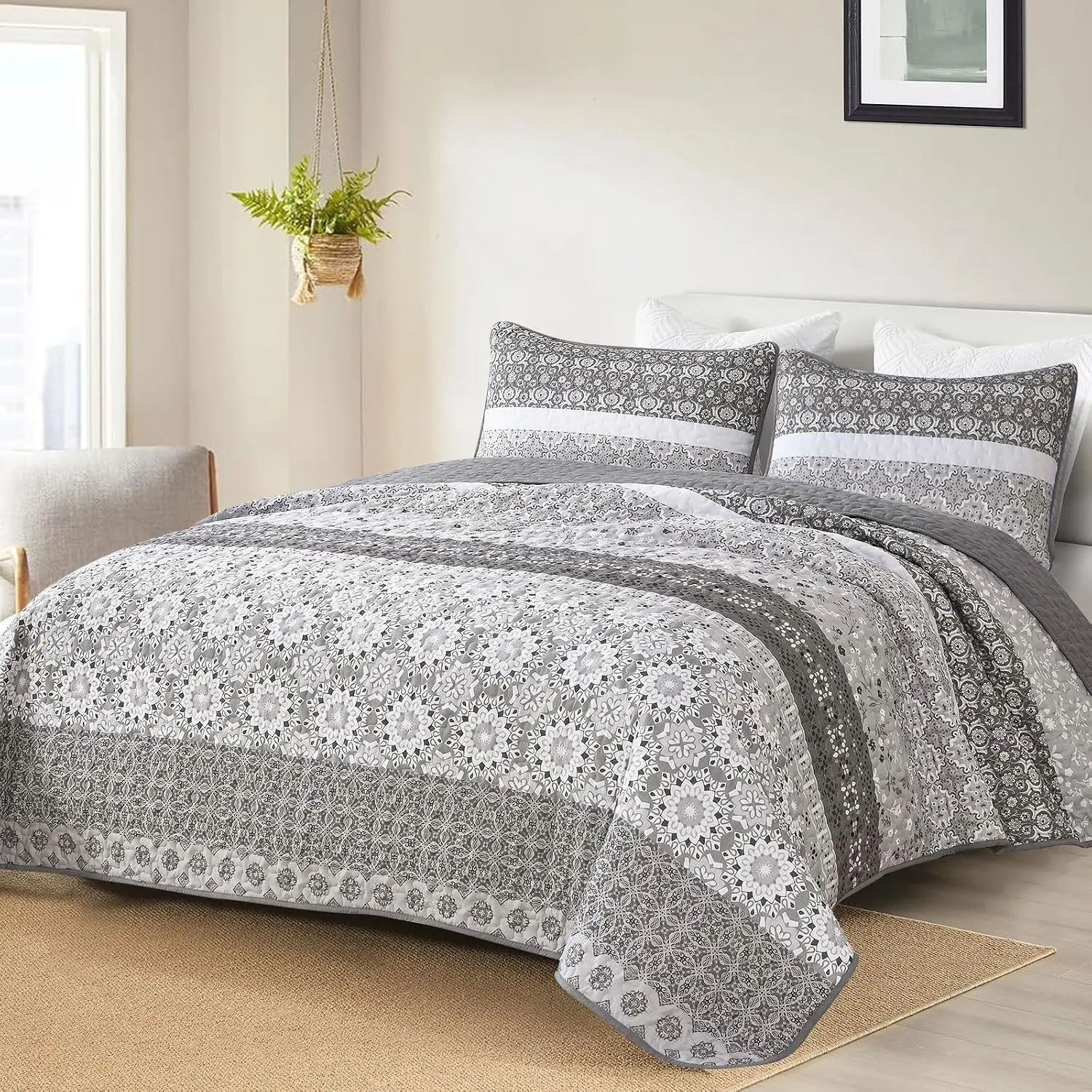 Grey Boho Quilt Full Set,Bohemian Floral Striped Patchwork Bedspread Coverlet Set with 2 Pillowcases,Lightweight Microfiber Bohemian Bedding Set Full 78"×90"