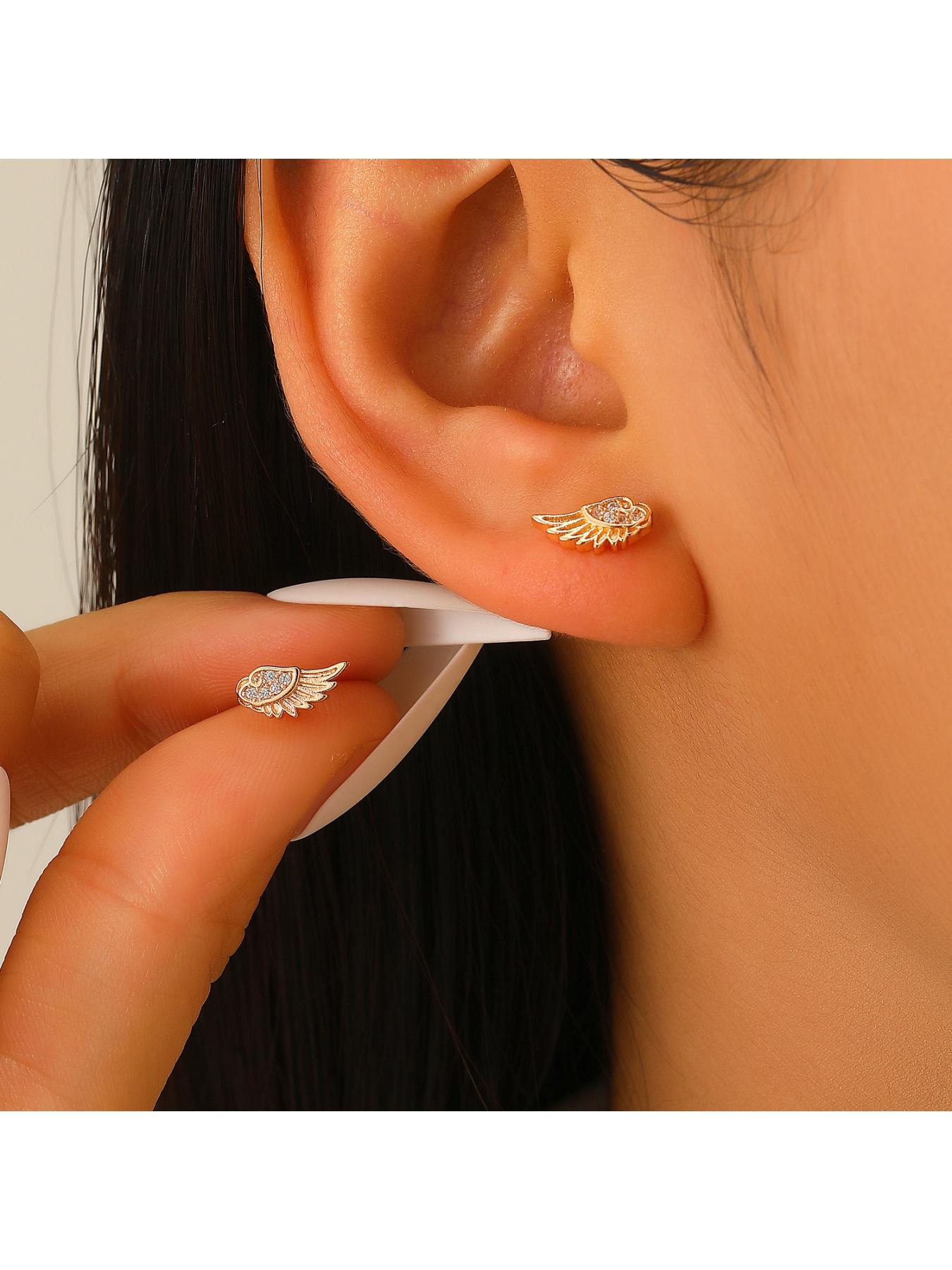 Angel Wings Design Couple Cartilage Piercing Ear Studs, Sweet and Cool Hot Girl Style Micro Inlaid Zirconia Earrings