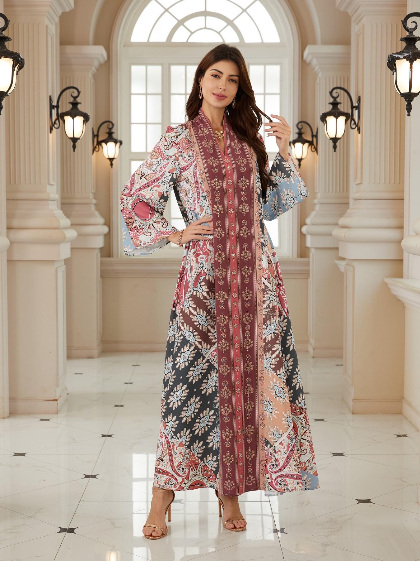 Women's Vintage Floral Totem Print Embellished Robe, Dubai Style Kaftan Evening Gown, Eid Al Fitr Abaya