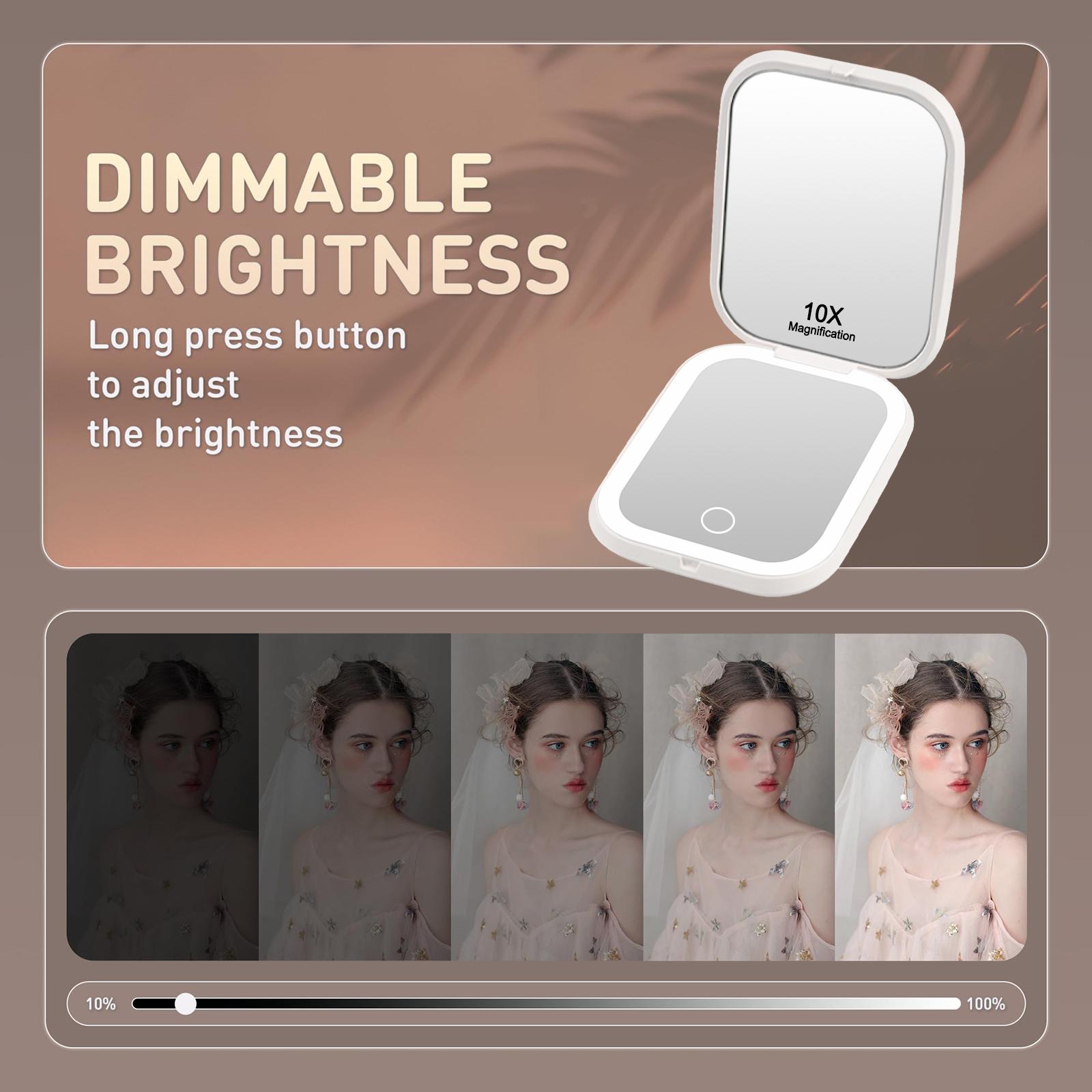 LED Compact Makeup Mirror with 10X/1X Magnification – 3-Color Light Travel Portable Mirror for Pocket & Purse – Rechargeable Dimmable Dual-Sided Vanity Mirror – Birthday & Christmas Gift for Women