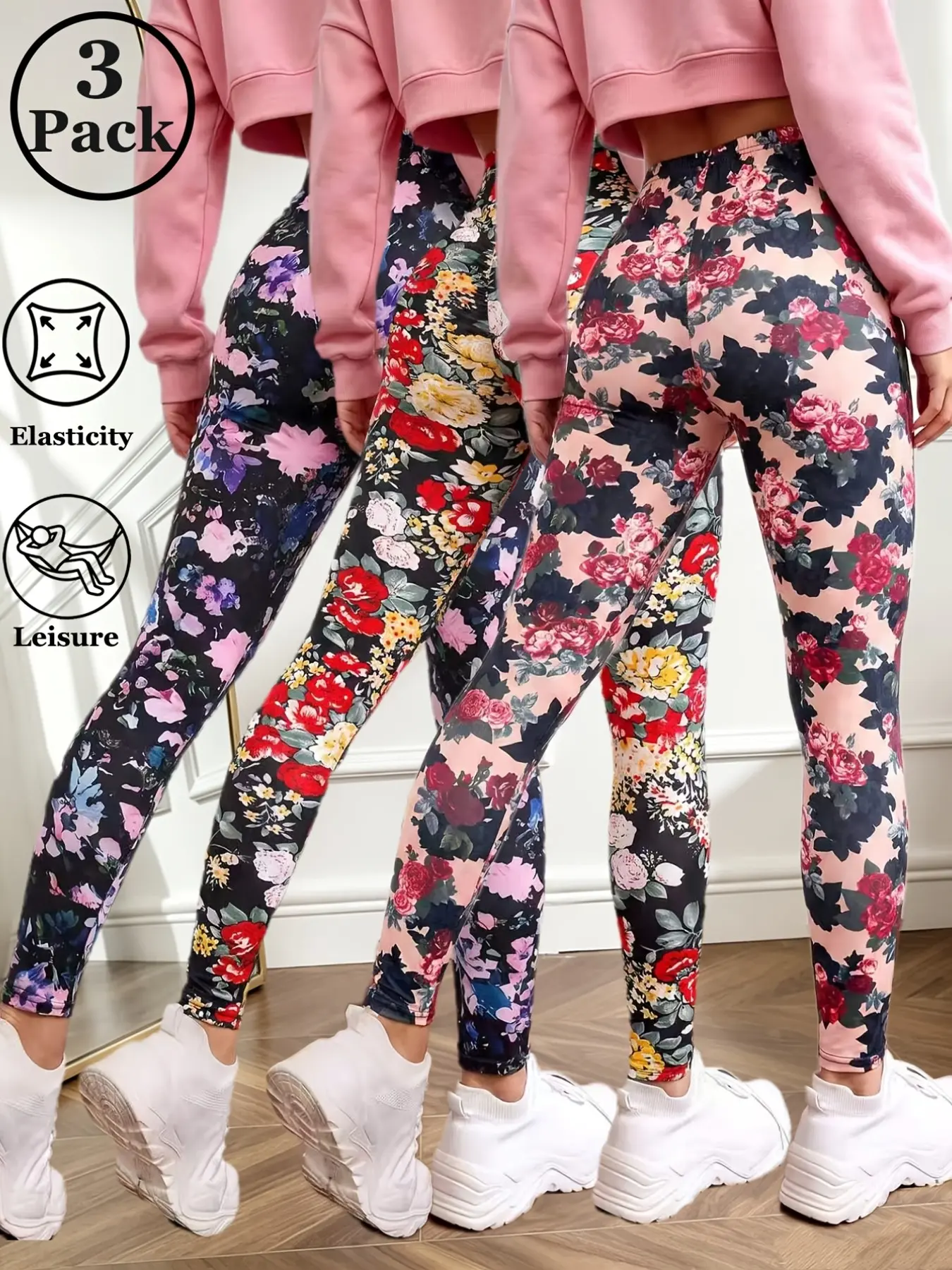 3-Pack Fall Women's Vintage Floral Print Leggings, Rose Leaf Pattern, Stretchy Ninesleeve Pants, Soft Breathable Fabric, Street Fashion
