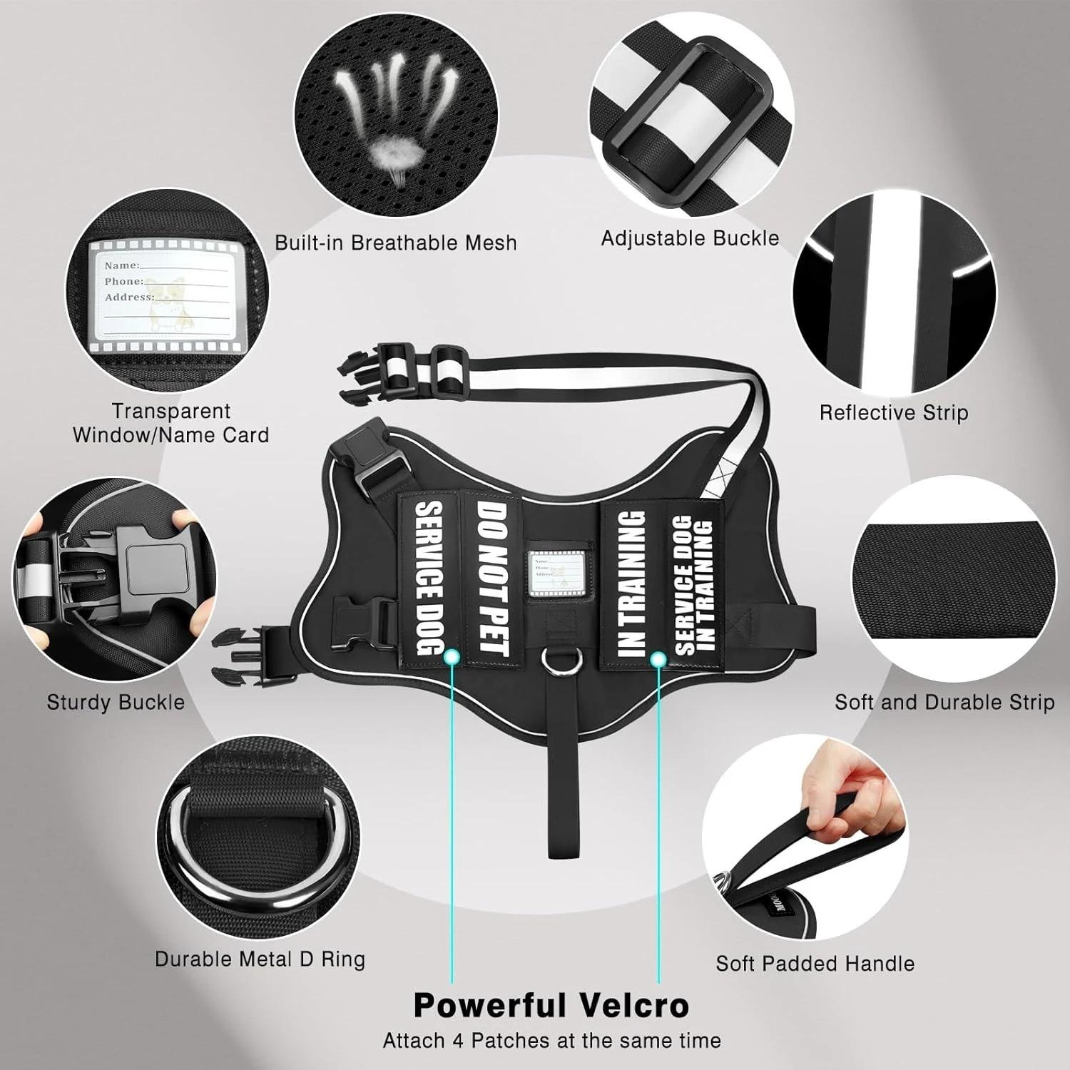 Service Dog Vest Harness with 10 Patches and Leash, No Pull Easy Walk Reflective Harness, Soft Padded Handles for Training and Daily Use