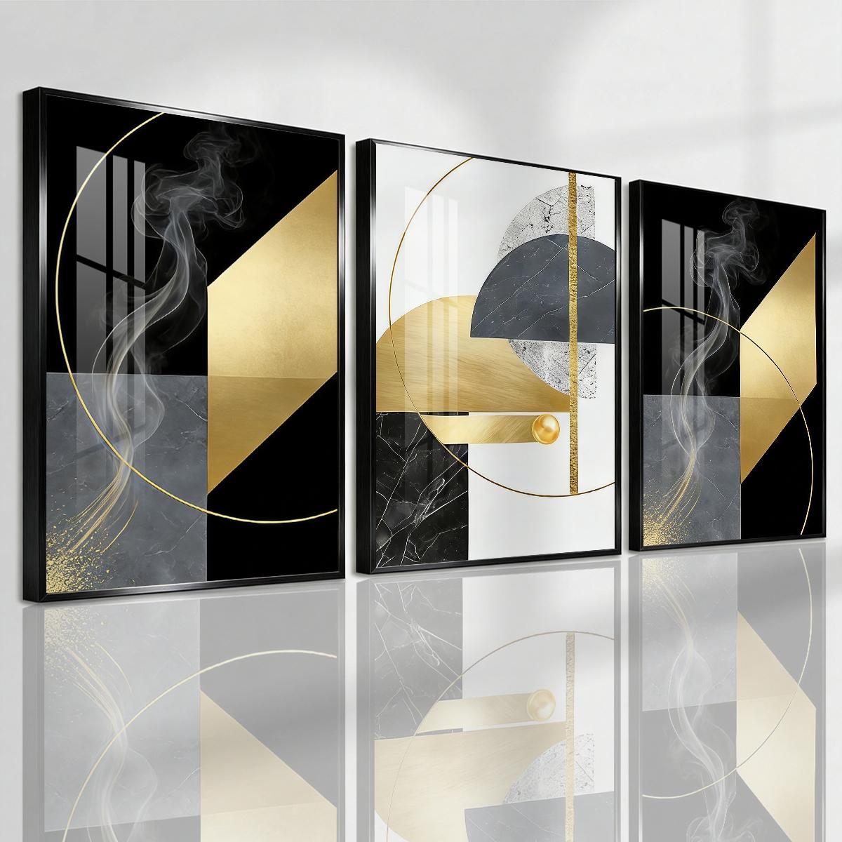 3 Counts Aluminum Alloy Framed Painting, Abstract Geometric Gold And Black Art Pictures, Home Decoration For Living Room, Bedroom, Office, Restaurant, Hallway Wall Decor, Odorless Print Artwork, Luxury Perfect Gift For Friends And Family