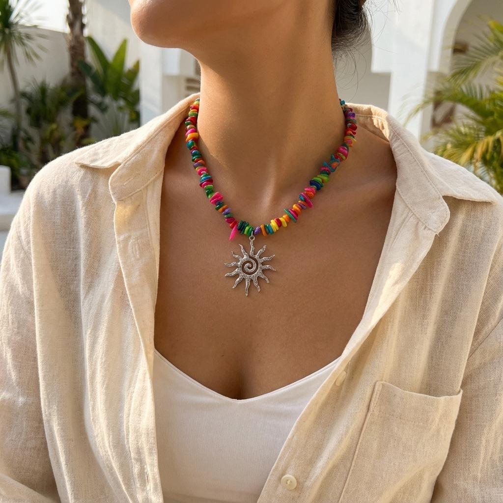 Bohemian Vacation Style Sun Flame Natural Stone Necklace, French Vintage Beaded Pendant Chain, Unique Jewelry Accessory