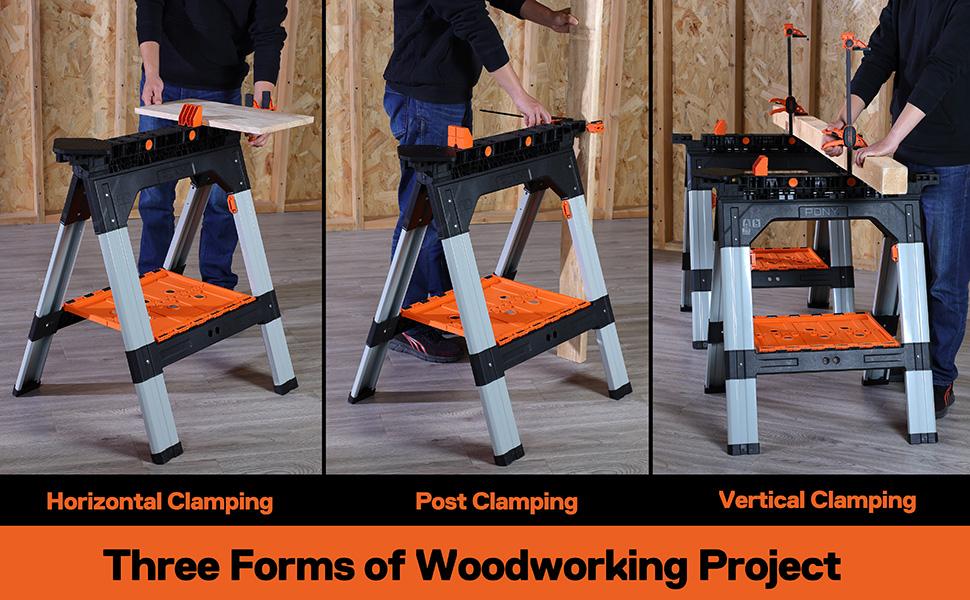 #JumpstartSale PONY 2-Pack Clamping Sawhorses, 1200 LBS Load Capacity, 30-3/4" Folding Sawhorse with 12” F Clamps, Bench Dogs, Angle Clamps, 2" Spring Clamps, Steel Legs, Heavy Duty for Woodworking