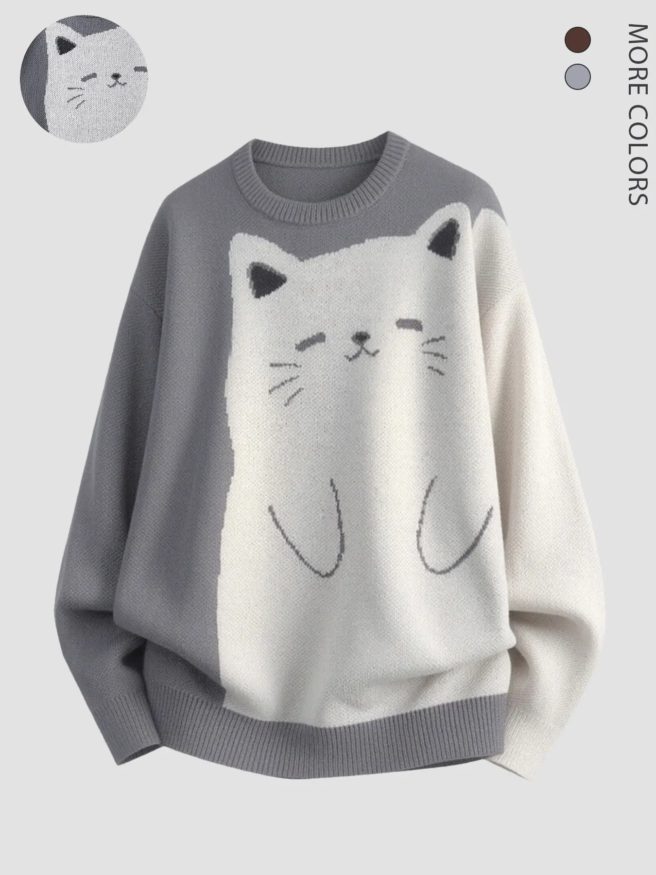 Cute Cartoon Cat Sweater, Unisex Fitted Knitwear Pullover, Fall Winter Warm Long Sleeve, Soft Neutral Colors, Casual Street Style, Choose 2 Colors